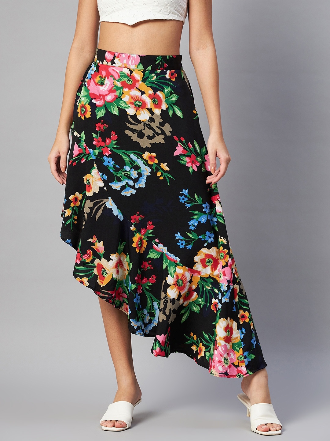 

plusS Black & Pink Floral Printed Maxi Flared Skirt