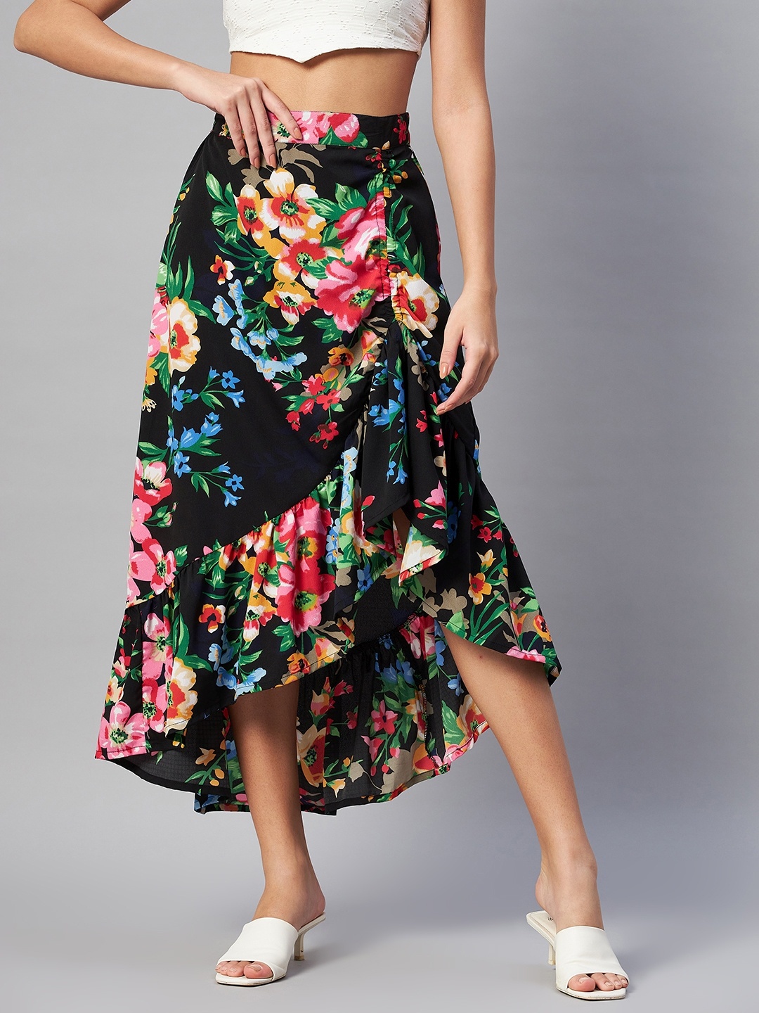 

plusS Black & Pink Floral Printed Maxi Flared Skirt