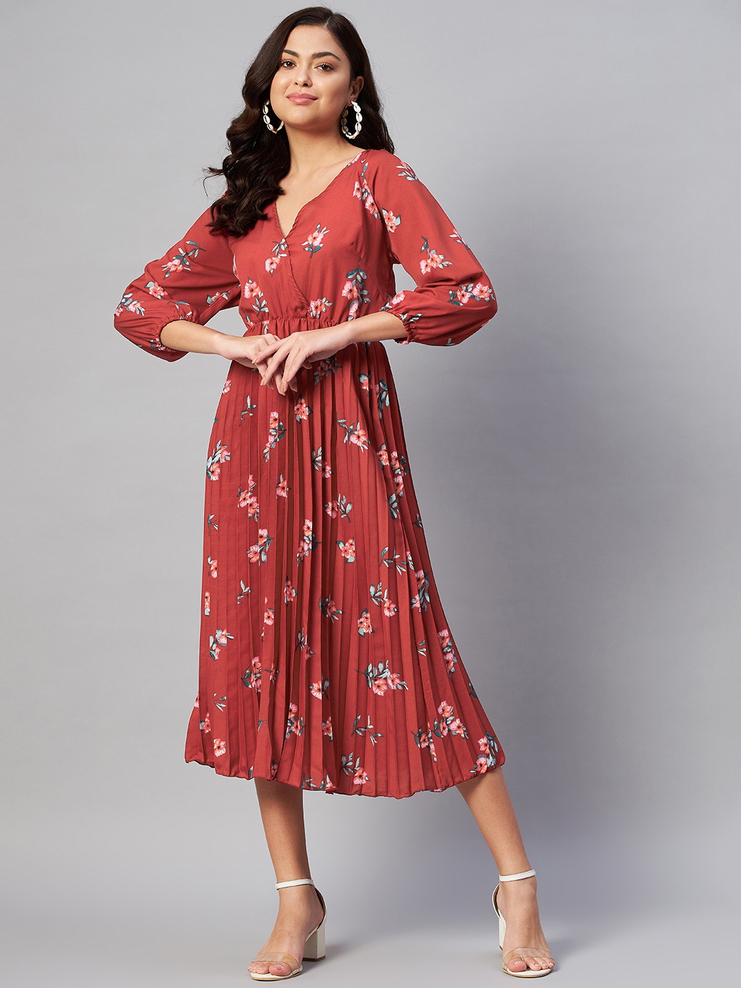 

plusS Rust & Grey Floral Accordion Pleats Midi Dress