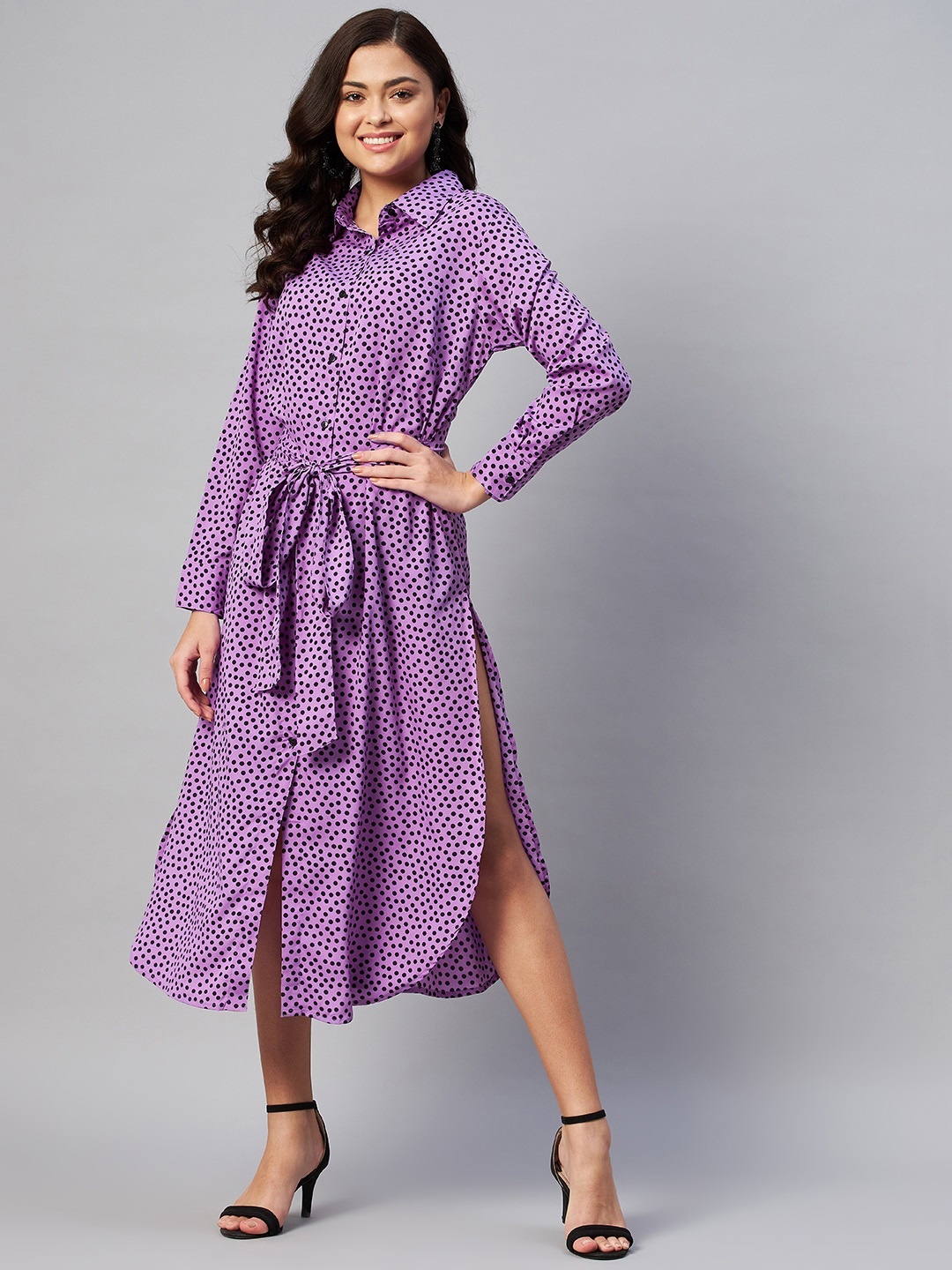 

plusS Purple & Black Polk Dots Shirt Midi Dress