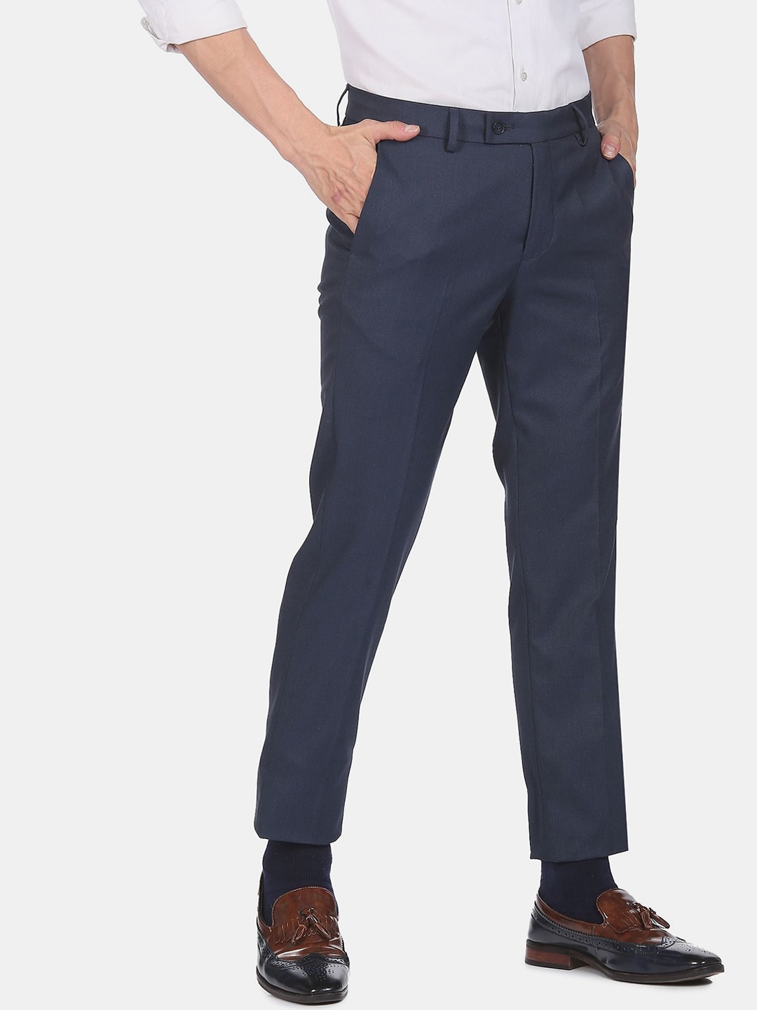 

Arrow Men Navy Hudson Tailored Fit Solid Formal Trousers, Blue