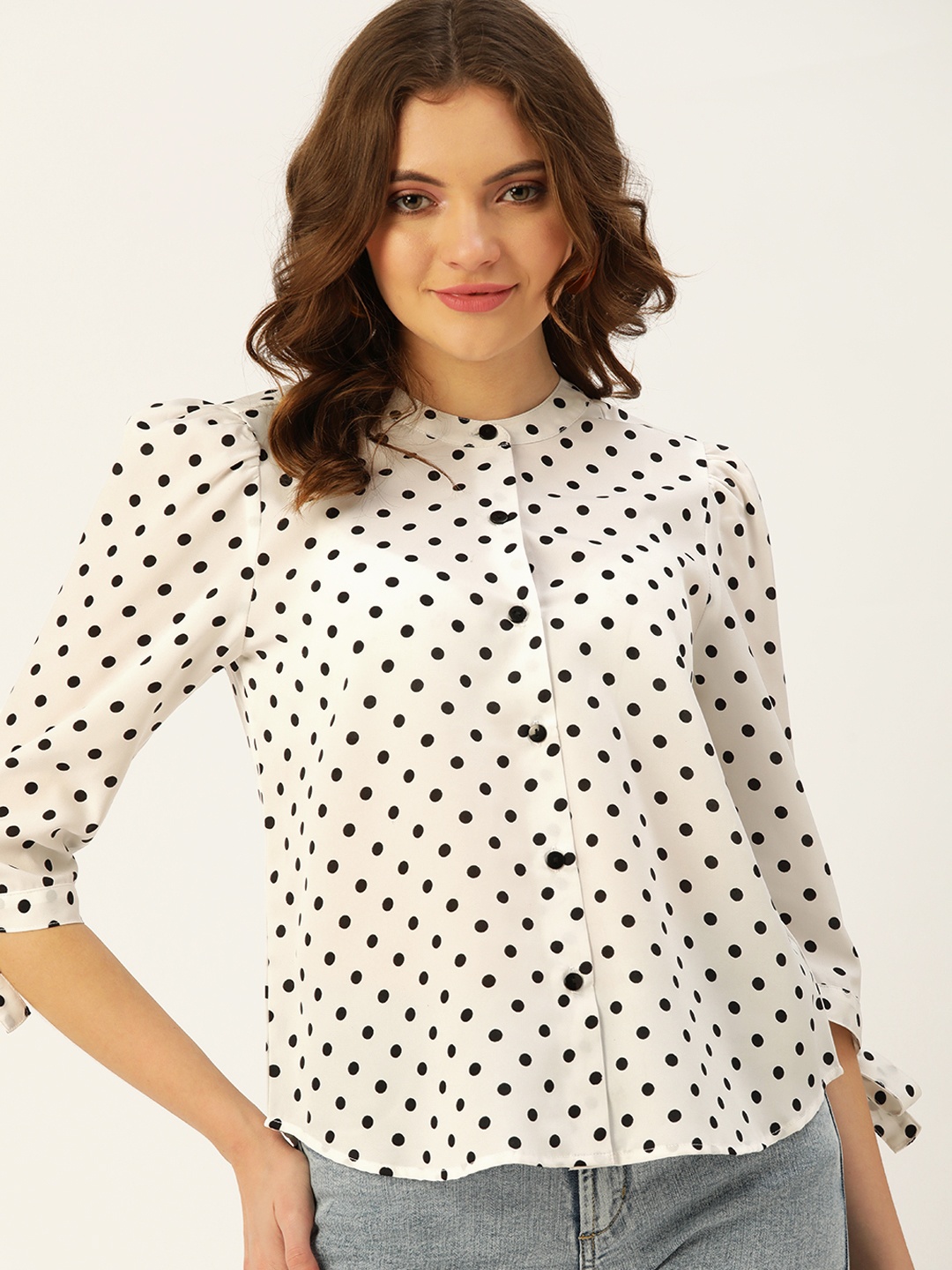 

DressBerry White & Black Polka Dots Print Band Collar Monochrome Top