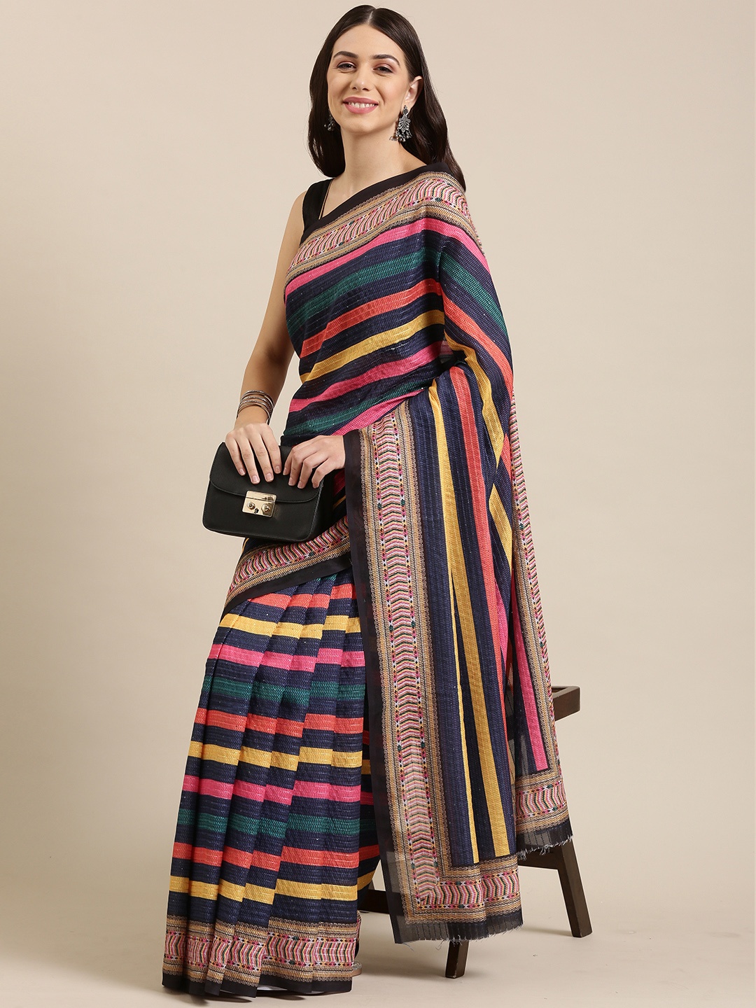 

VASTRANAND Multicoloured Striped Sequinned Art Silk Saree, Multi