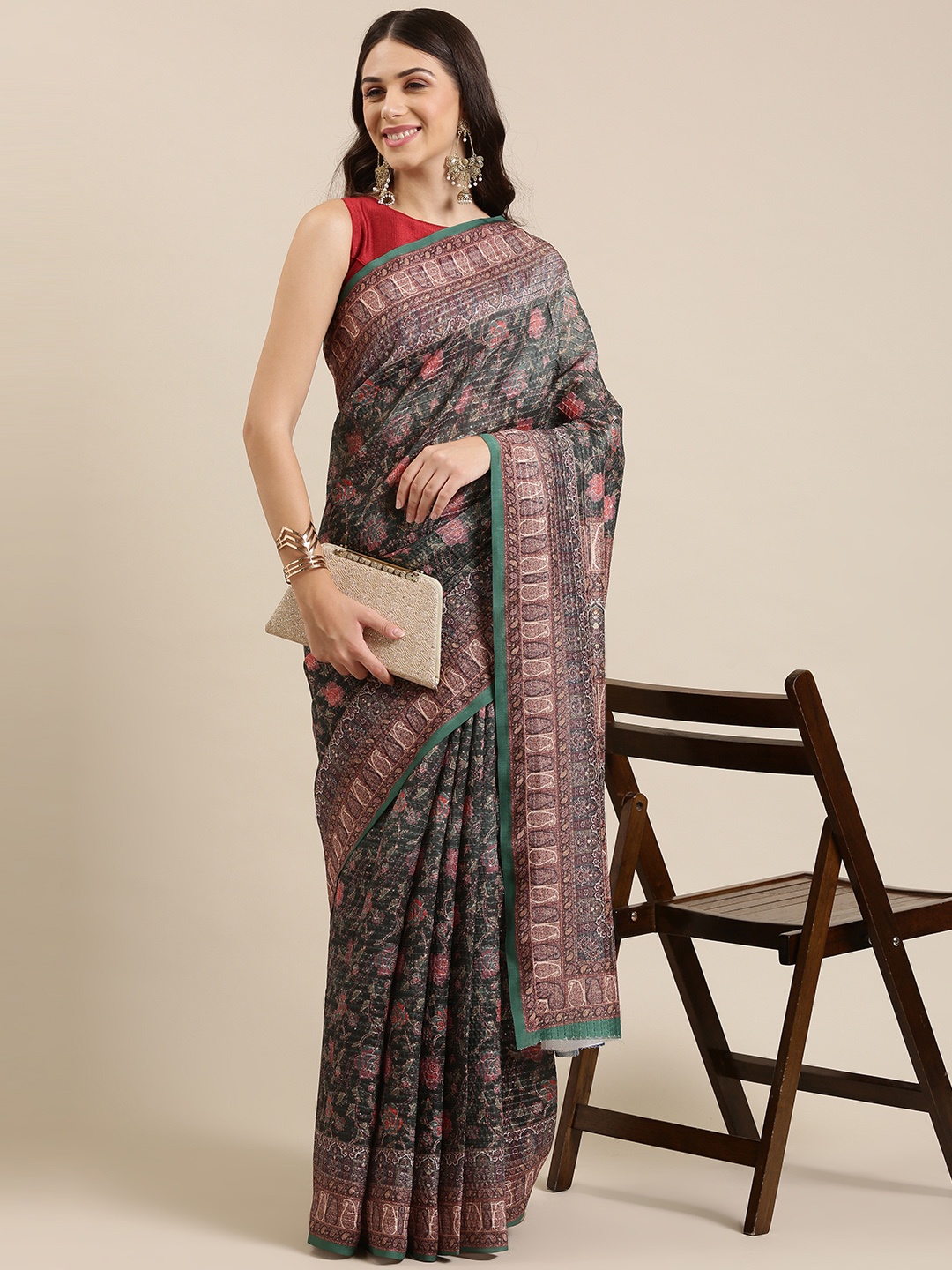 

VASTRANAND Olive Green & Pink Ethnic Motifs Sequinned Art Silk Saree