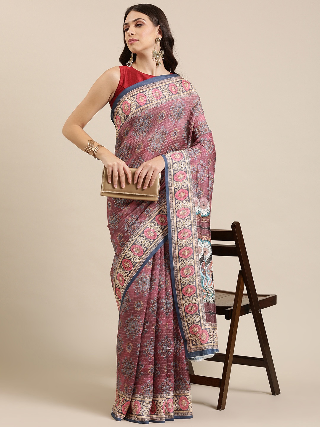 

VASTRANAND Burgundy & Grey Ethnic Motifs Sequinned Art Silk Saree