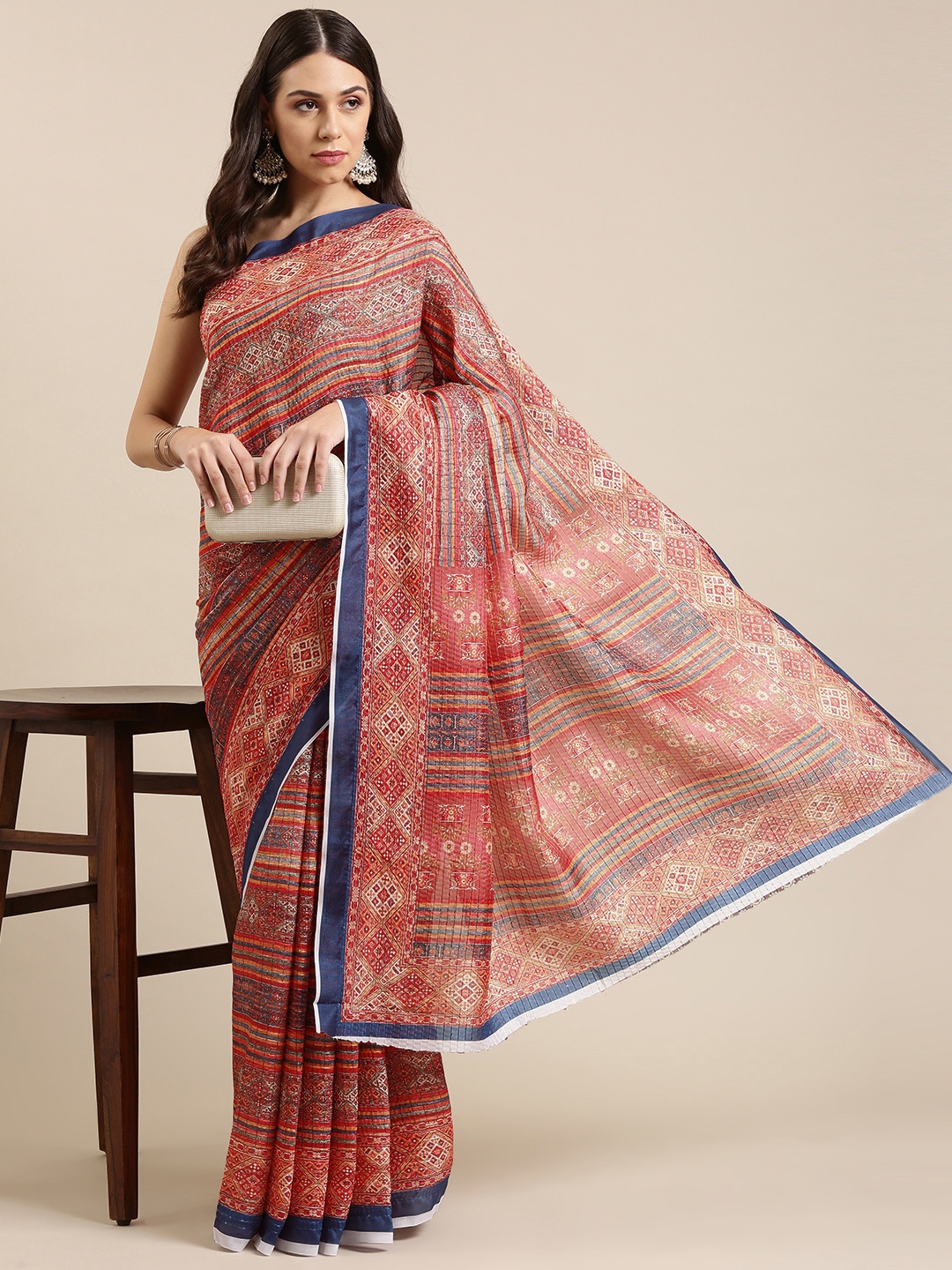 

VASTRANAND Red & Blue Ethnic Motifs Sequinned Art Silk Saree