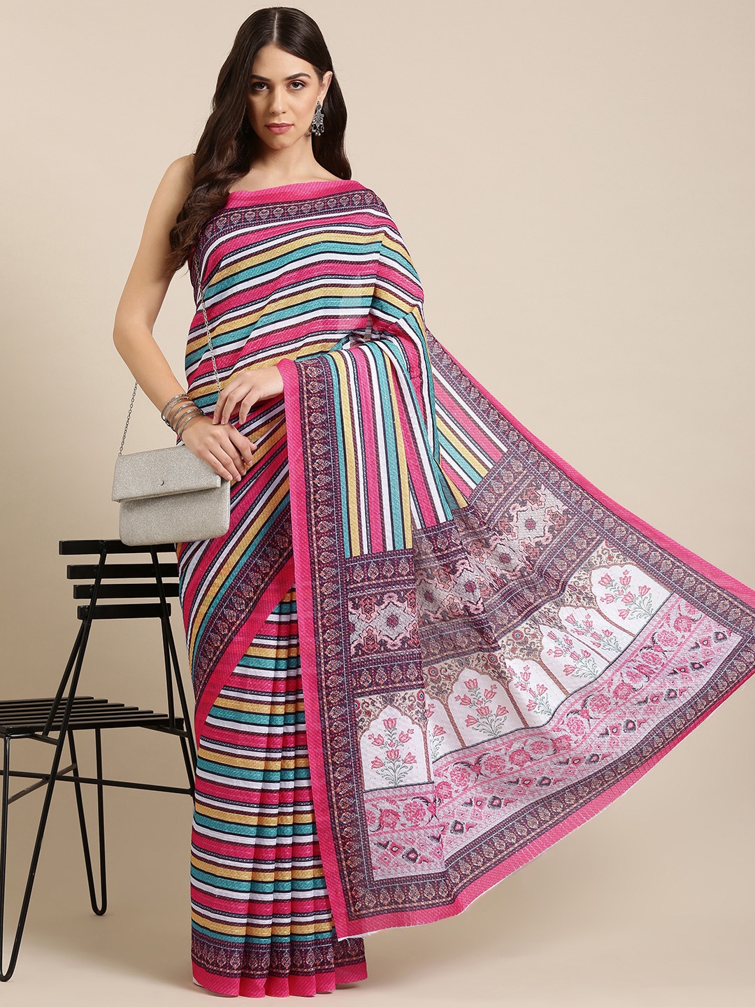 

VASTRANAND Multicoloured Striped Sequinned Art Silk Saree, Multi