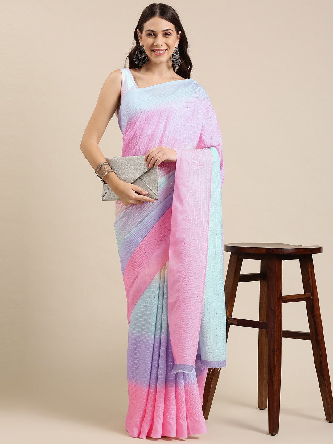 

VASTRANAND Multicoloured Striped Sequinned Art Silk Saree, Multi