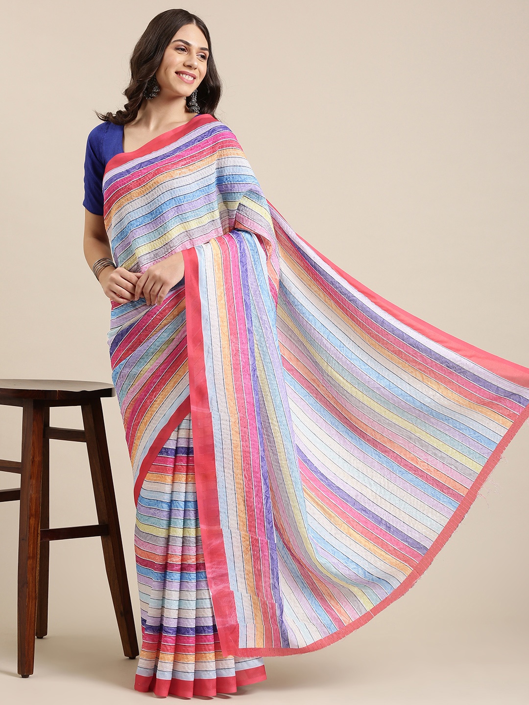 

VASTRANAND Multicoloured Striped Sequinned Art Silk Saree, Multi