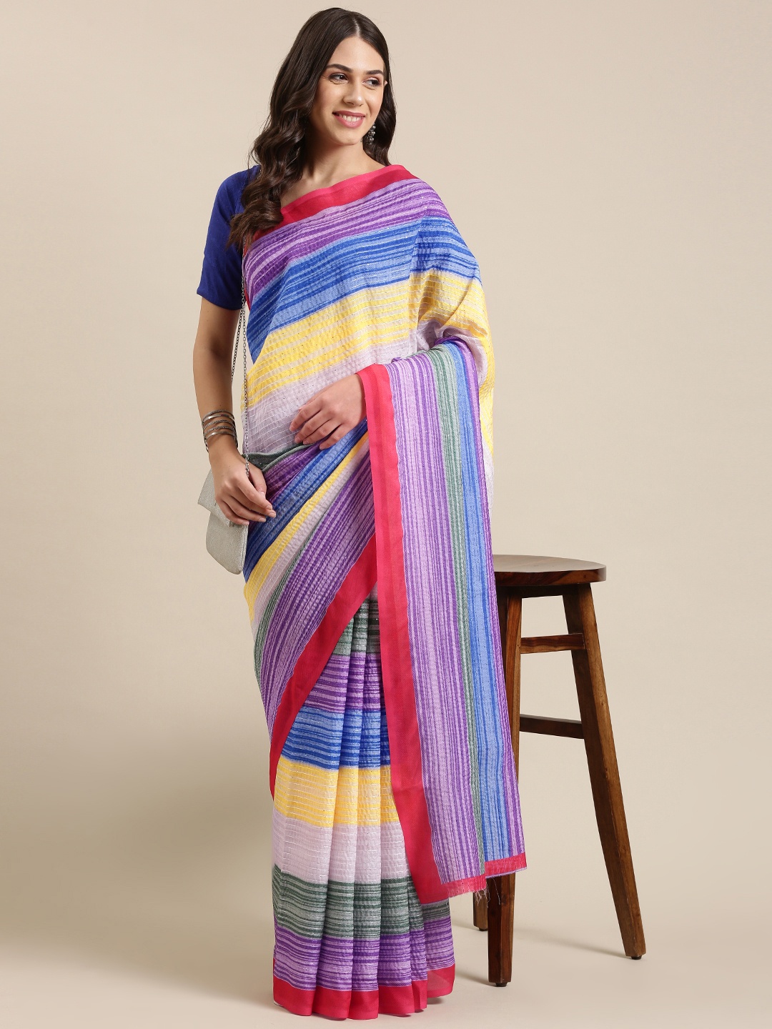 

VASTRANAND Multicoloured Striped Sequinned Art Silk Saree, Multi