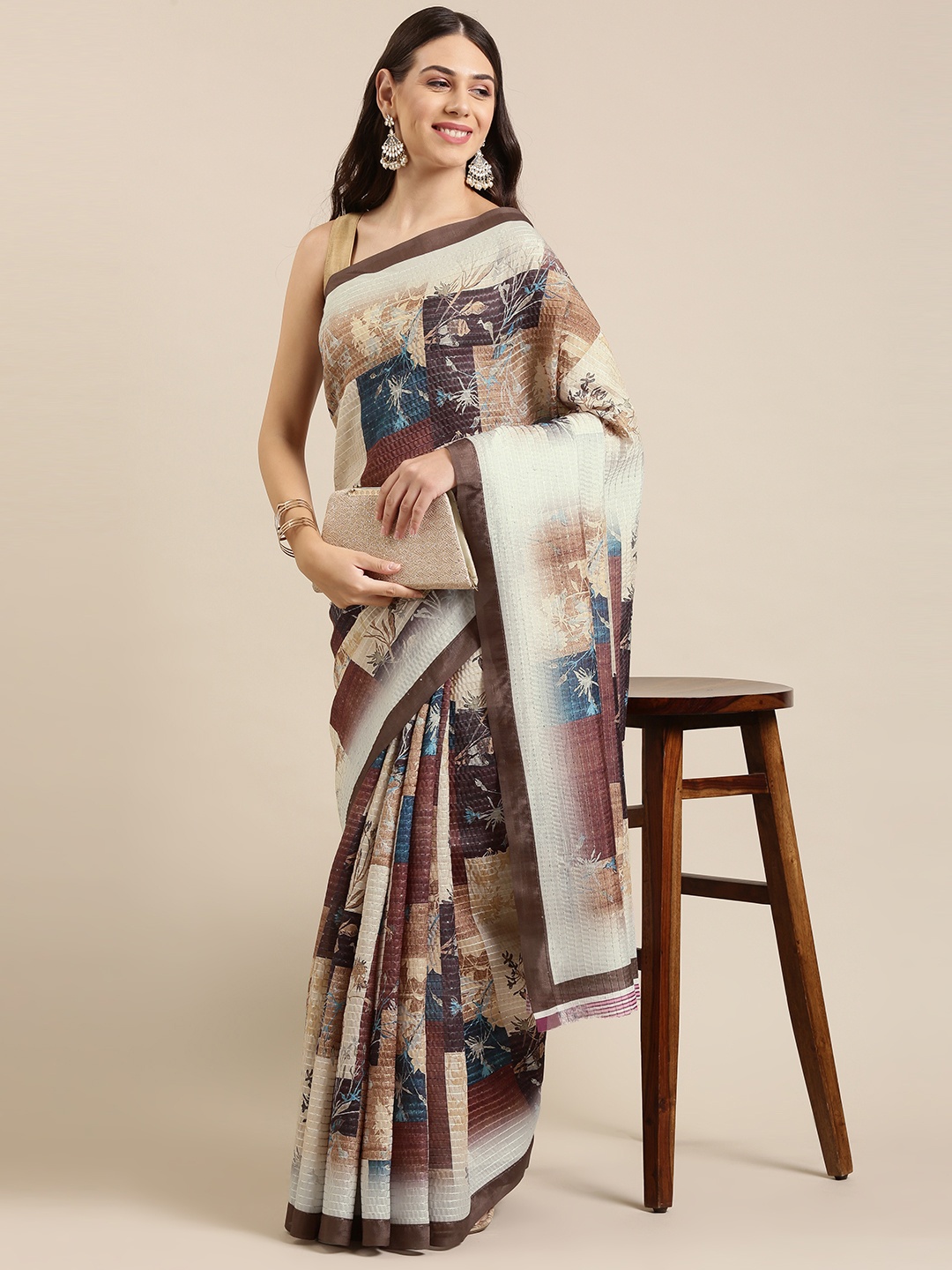 

VASTRANAND Cream-Coloured & Brown Sequinned Art Silk Saree