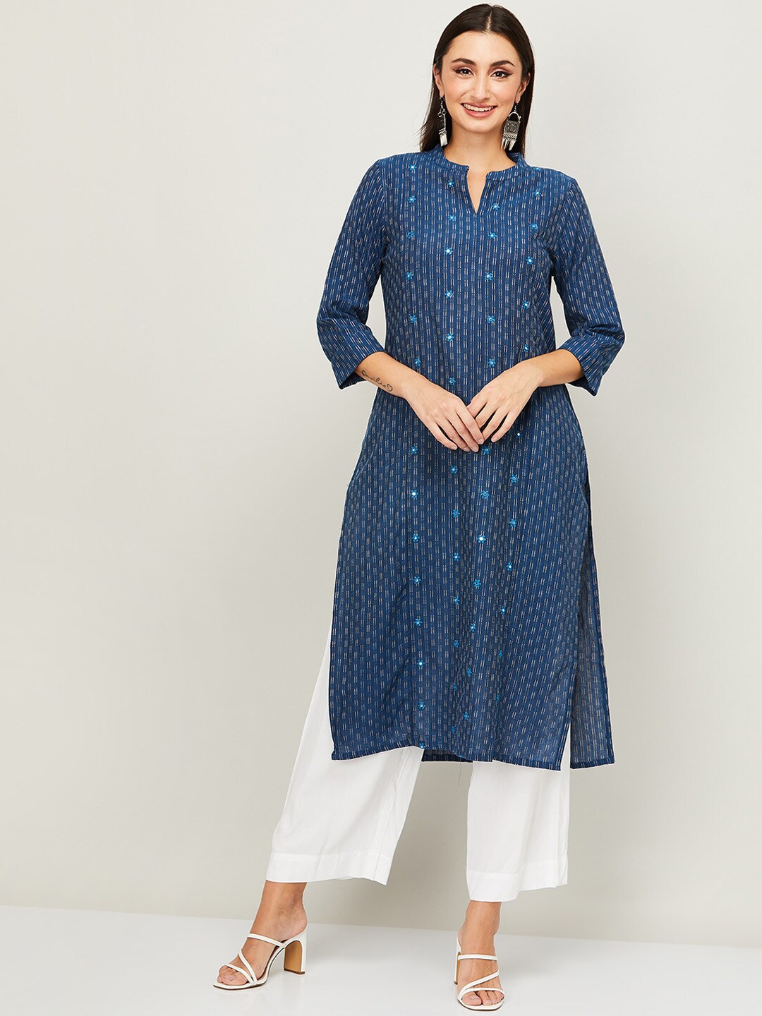

Melange by Lifestyle Women Blue Geometric Printed Thread Work Kurta