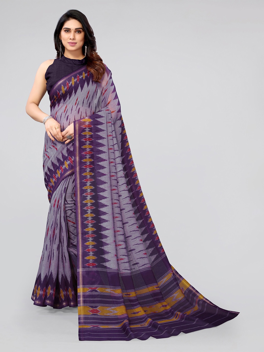 

KALINI Purple & Mustard Zari Ikat Saree