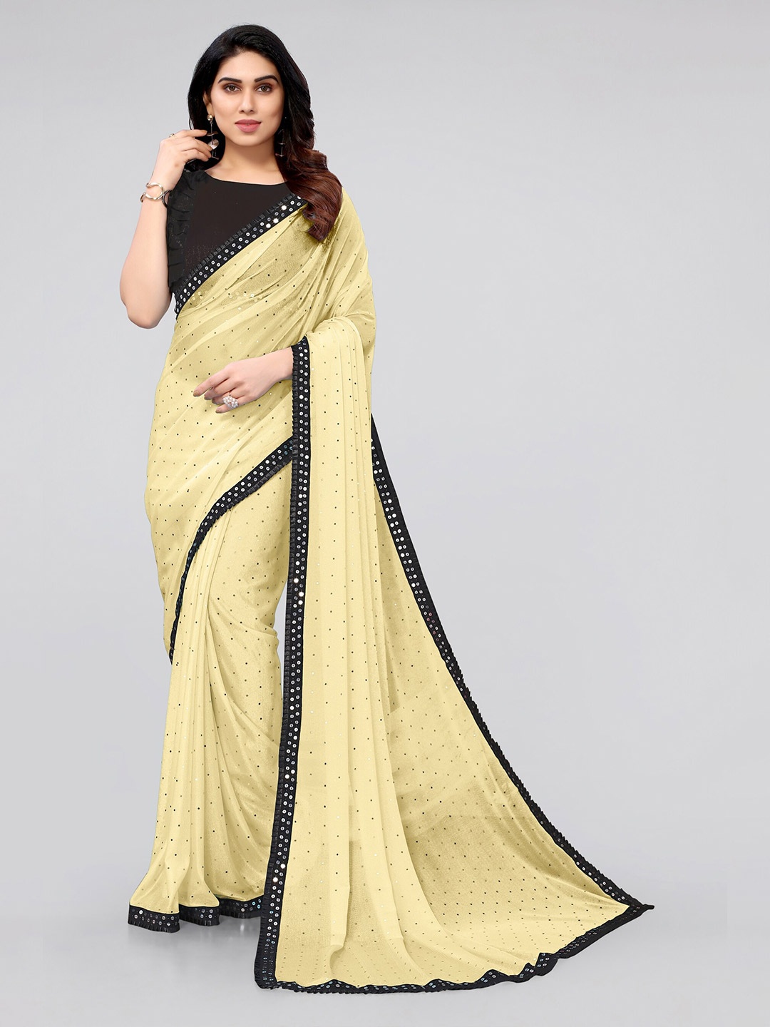 

KALINI Yellow & Silver-Toned Embellished Sequinned Saree