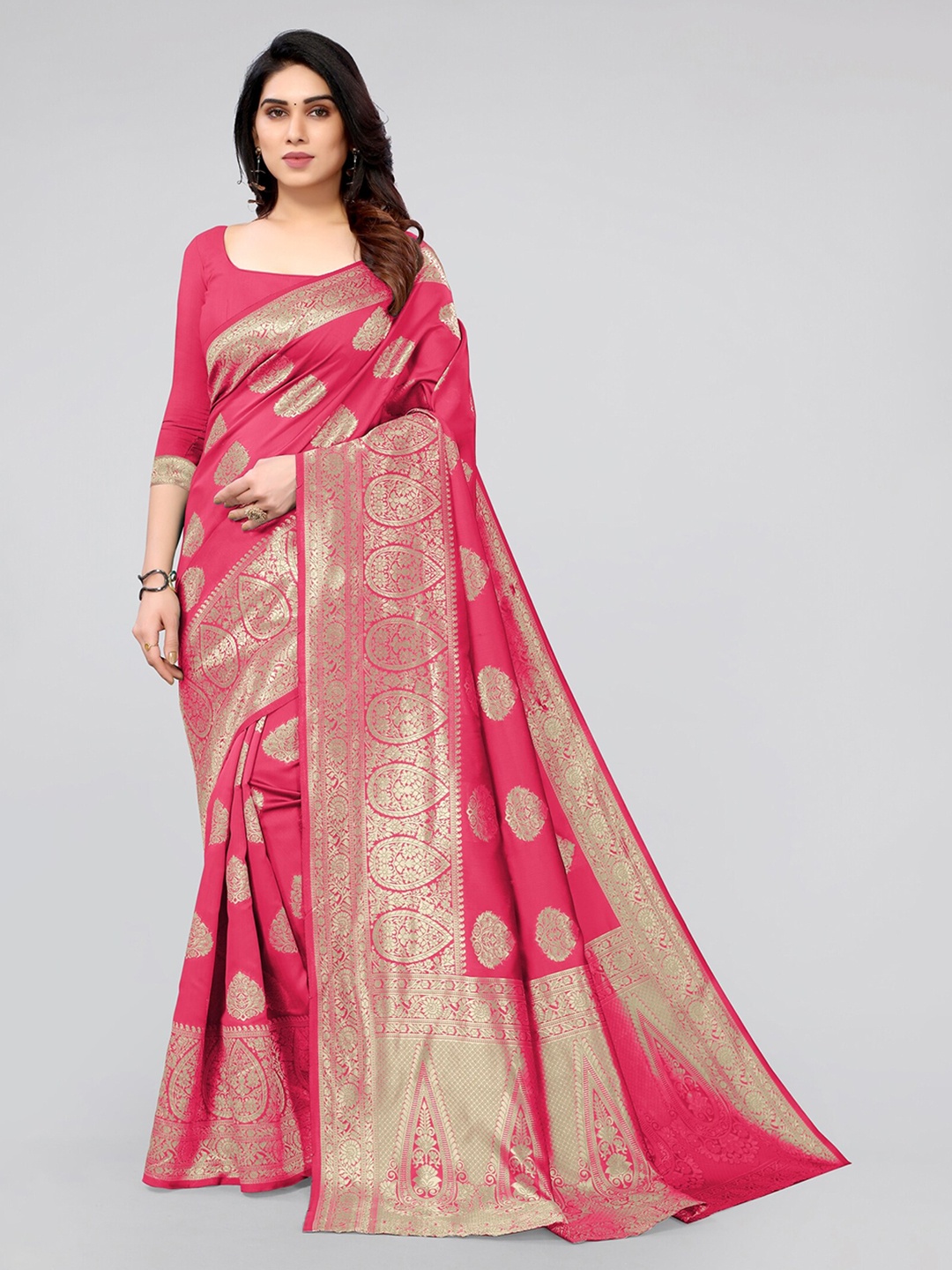 

KALINI Pink & Gold-Toned Floral Zari Silk Blend Banarasi Saree