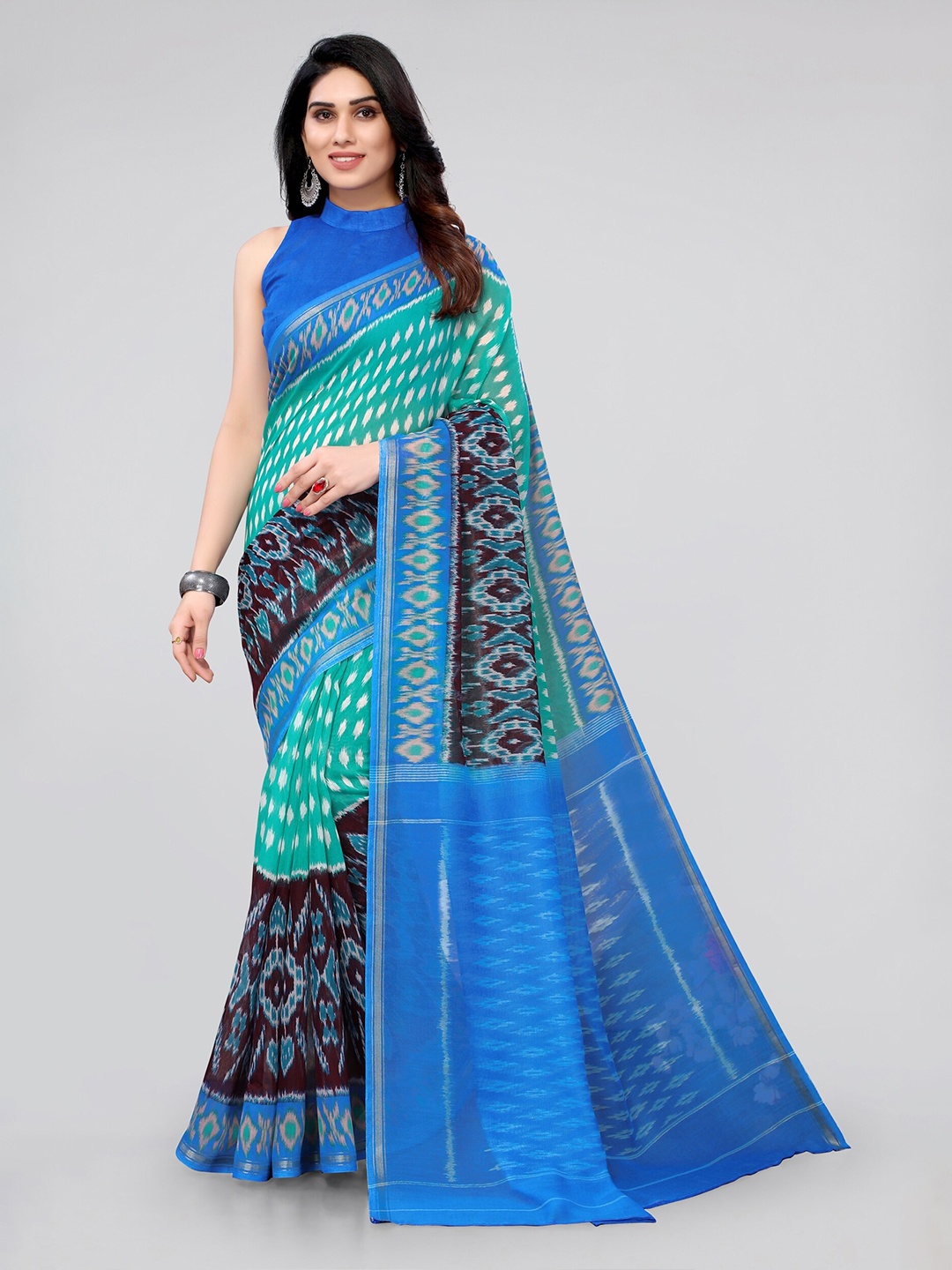 

KALINI Sea Green & Black Zari Ikat Saree