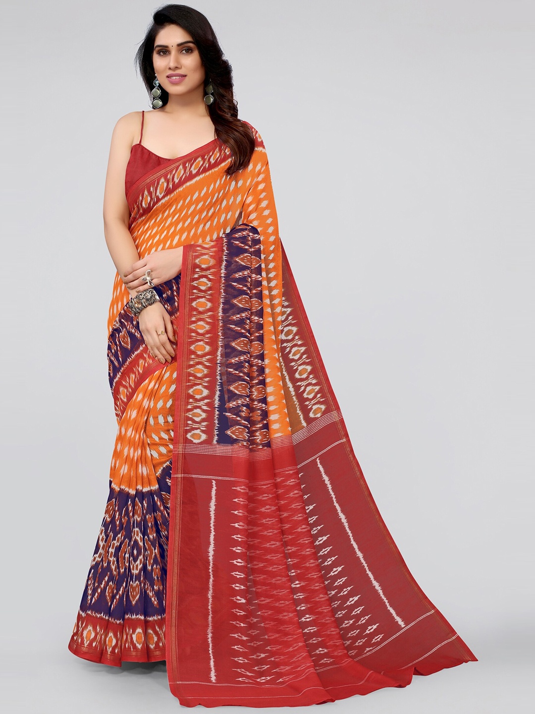 

KALINI Orange & Red Cotton Blend Ikat Saree