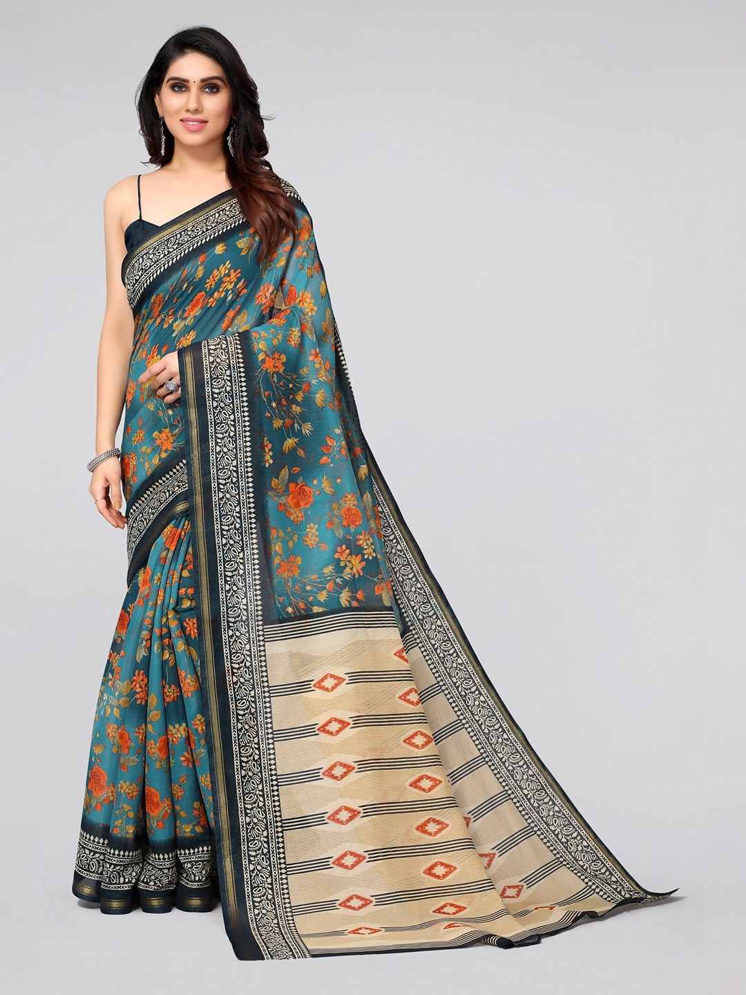 

KALINI Blue & Gold-Toned Floral Zari Saree