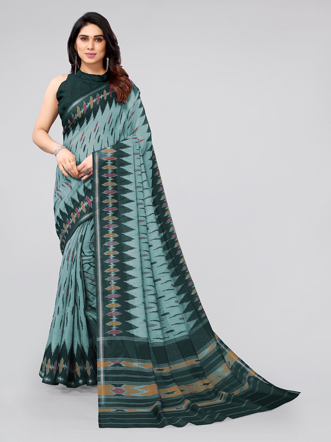 

KALINI Teal & Green Ikat Saree