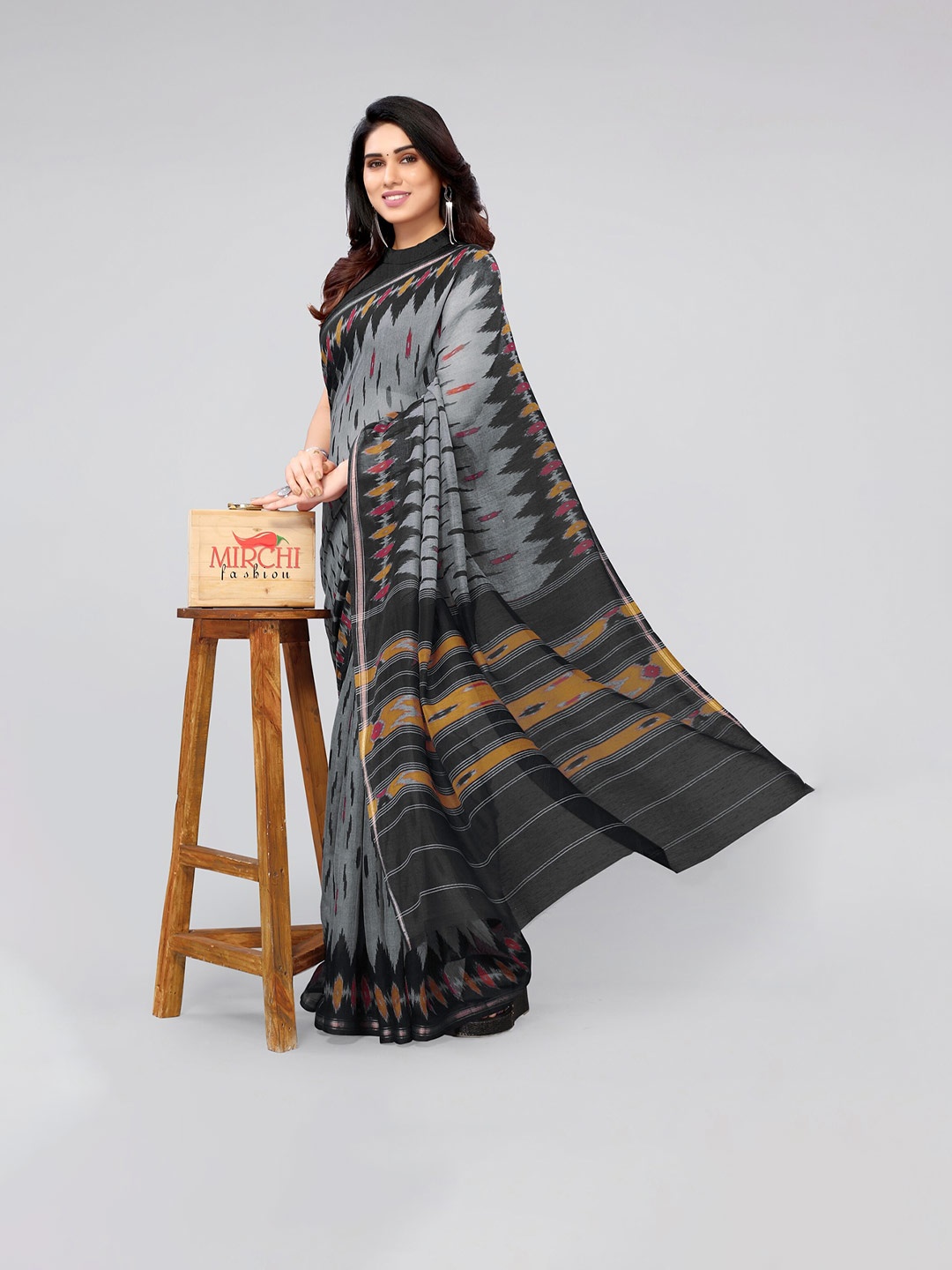 

KALINI Grey & Black Zari Ikat Saree