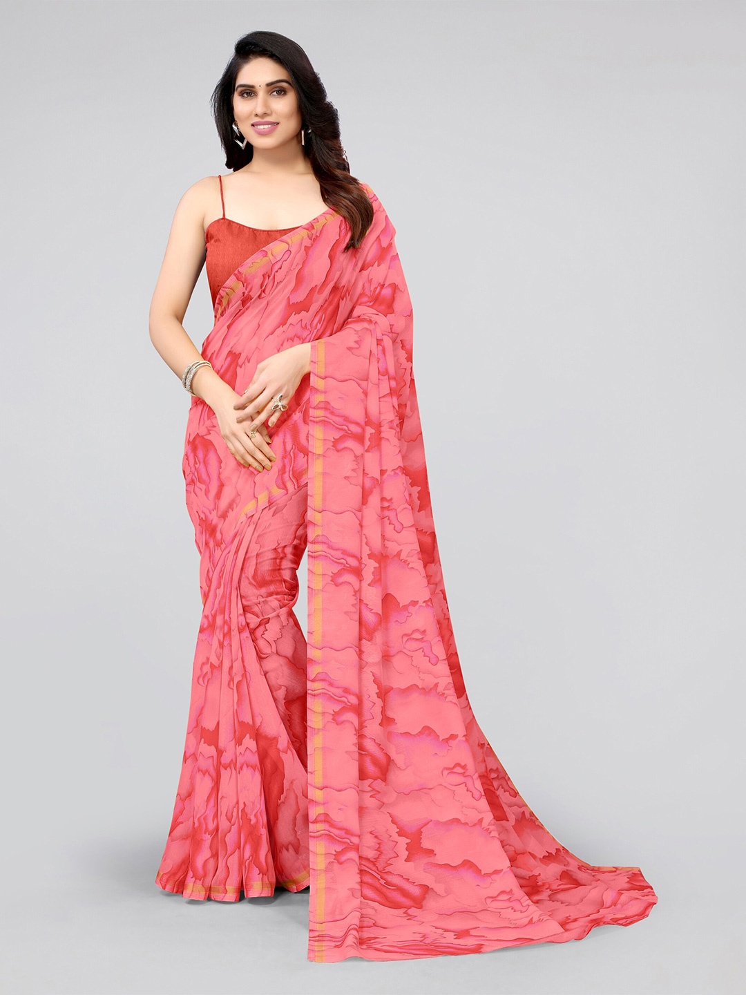 

KALINI Pink & Red Abstract Printed Saree