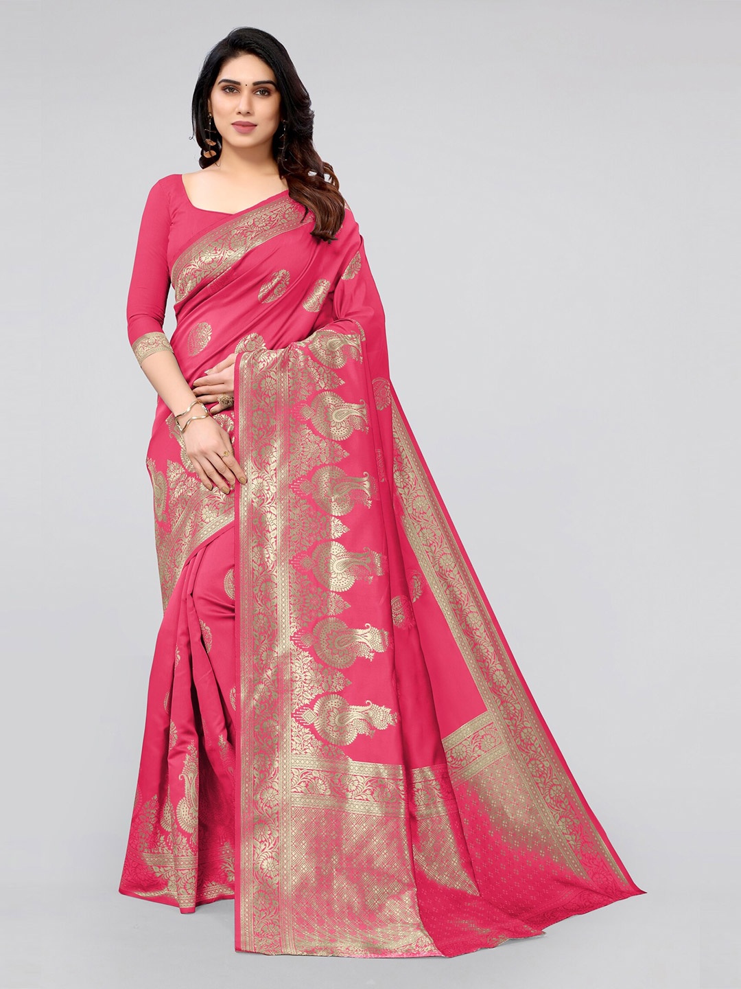 

KALINI Pink & Gold-Toned Ethnic Motifs Zari Silk Blend Banarasi Saree