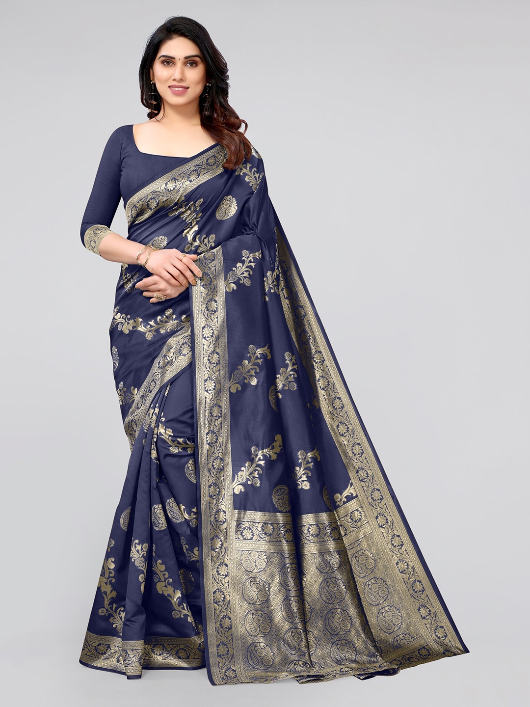 

KALINI Navy Blue & Gold-Toned Woven Design Zari Silk Blend Banarasi Saree