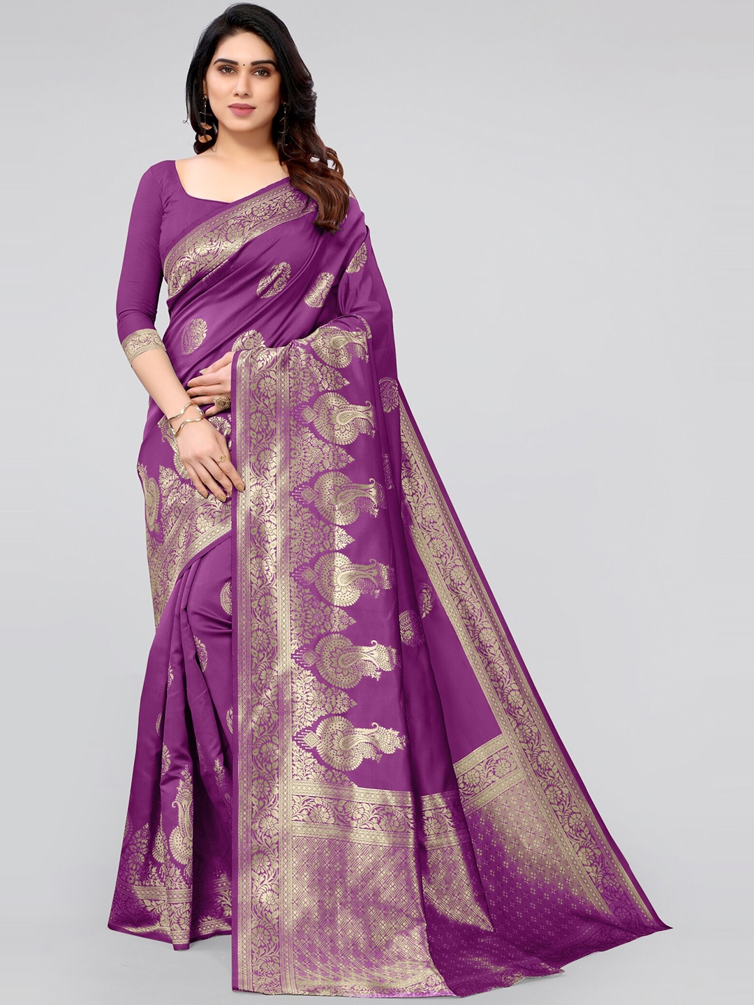 

KALINI Purple & Gold-Toned Woven Design Zari Silk Blend Banarasi Saree