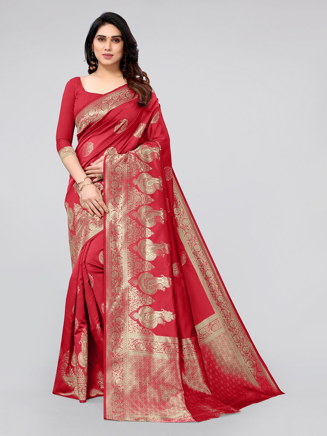 

KALINI Red & Gold-Toned Ethnic Motifs Zari Silk Blend Banarasi Saree