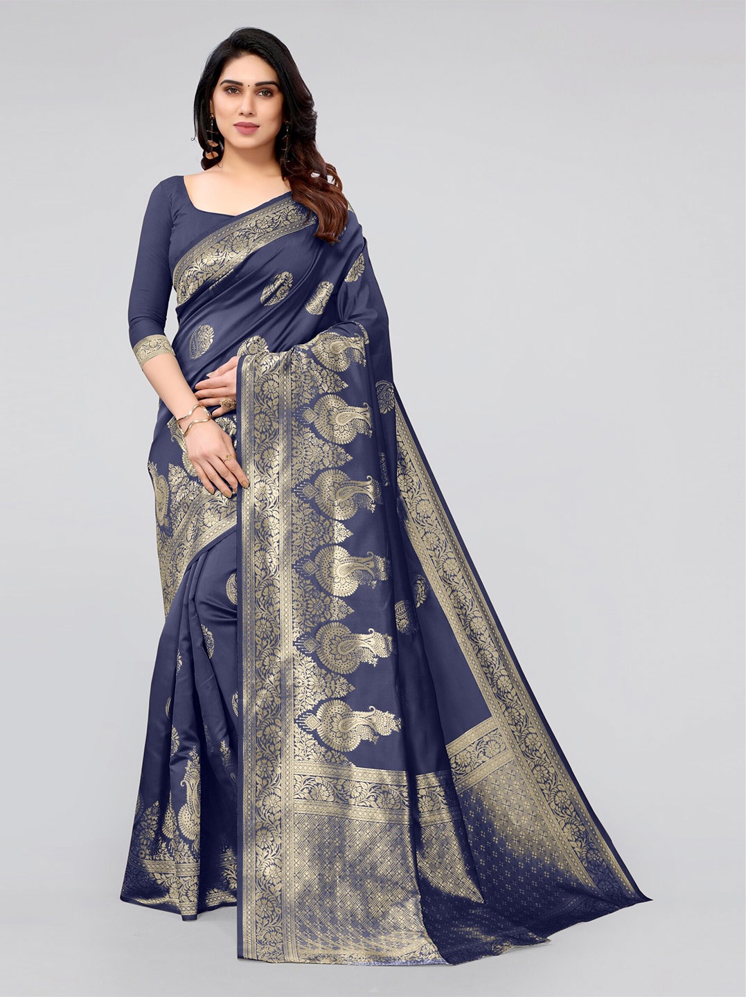 

KALINI Navy Blue & Gold-Toned Woven Design Zari Silk Blend Banarasi Saree