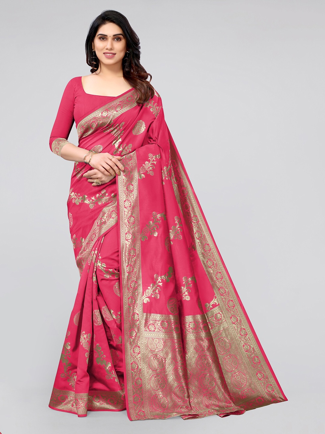 

KALINI Pink & Gold-Toned Woven Design Zari Silk Blend Banarasi Saree