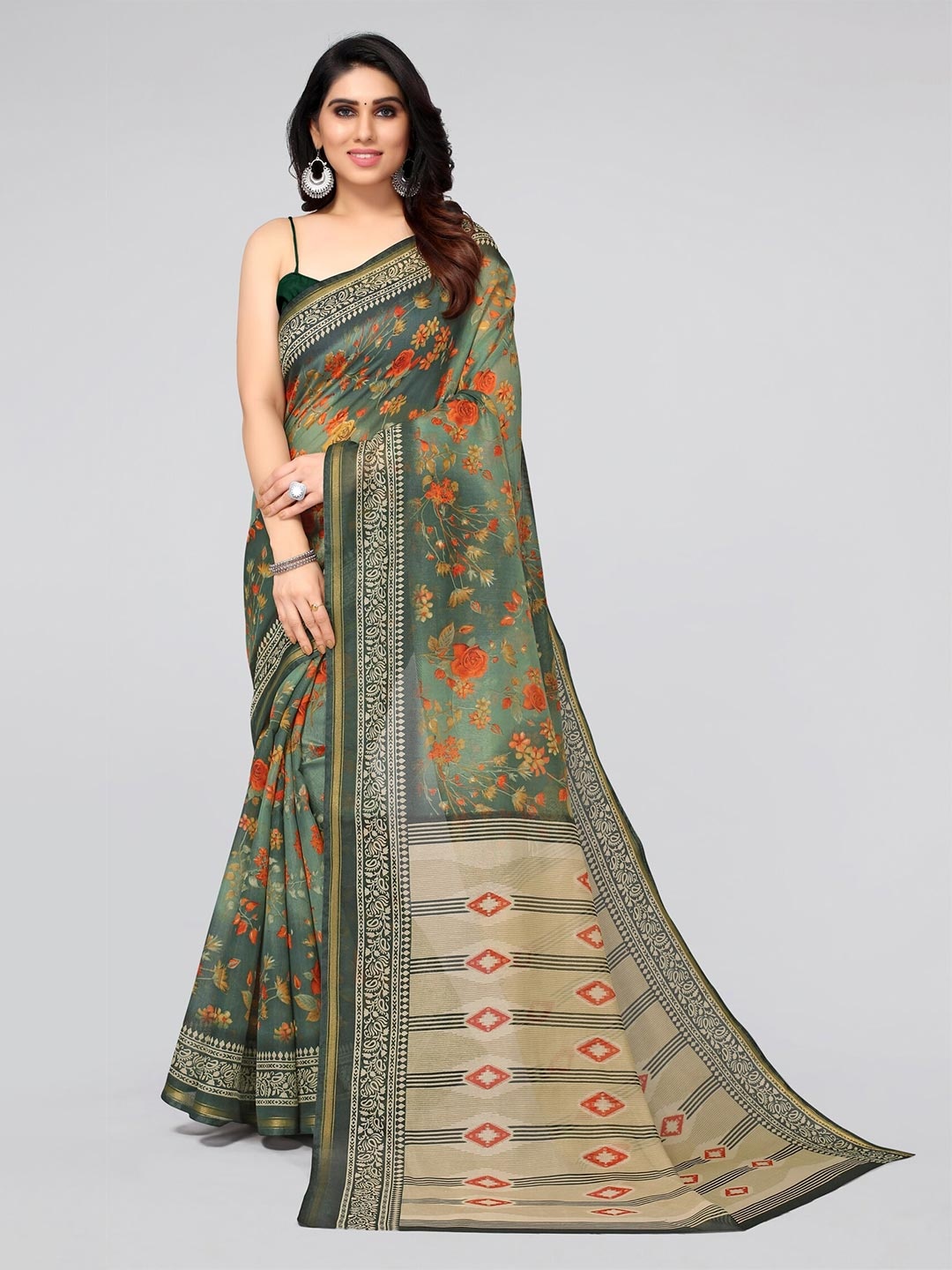 

KALINI Women Green & Red Floral Zari Saree