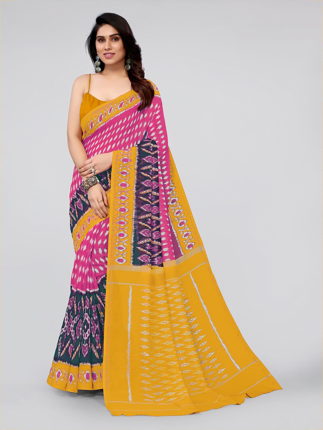 

KALINI Women Pink & Mustard Zari Ikat Saree