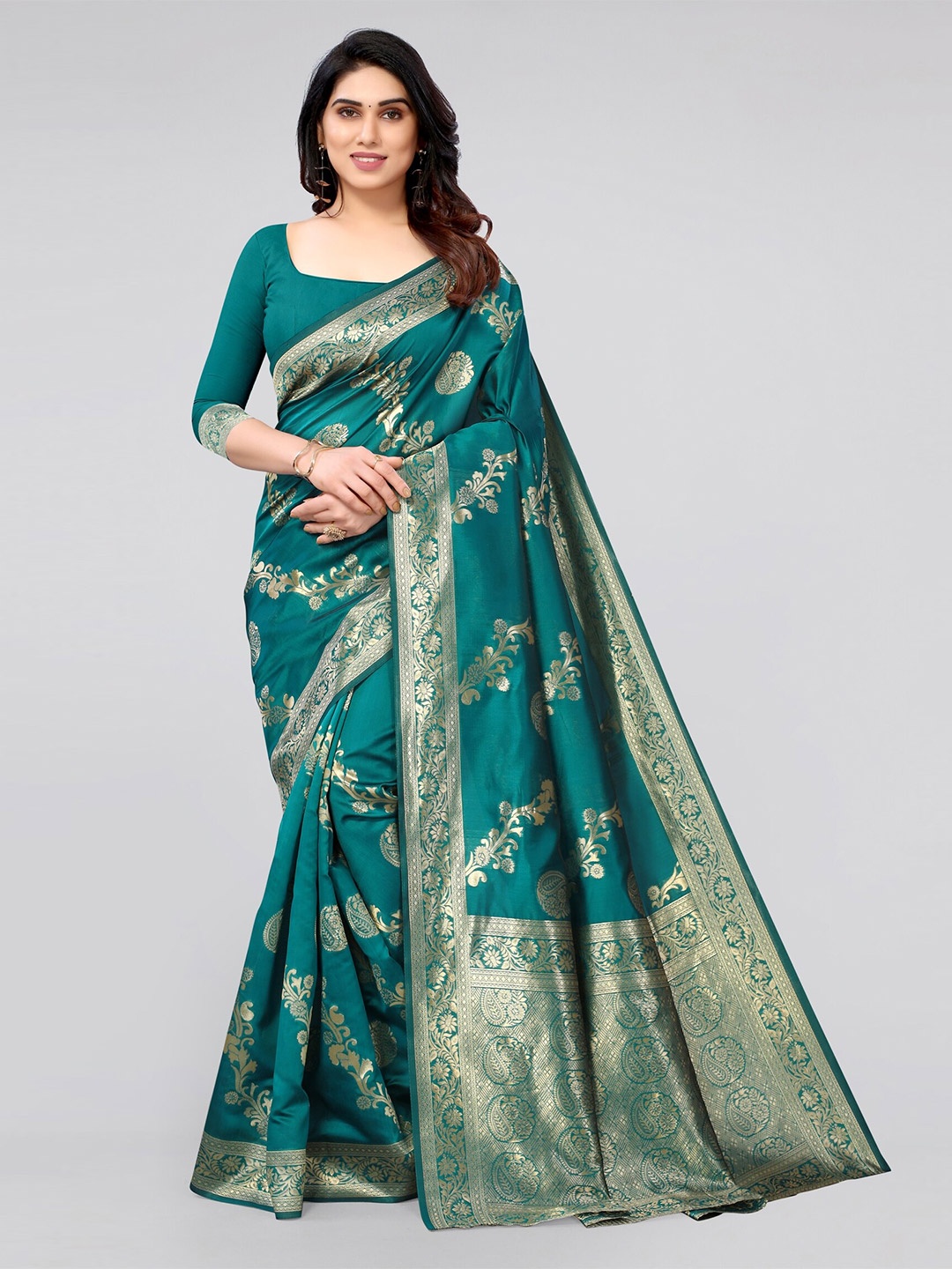 

KALINI Women Green & Gold-Toned Woven Design Zari Silk Blend Banarasi Saree