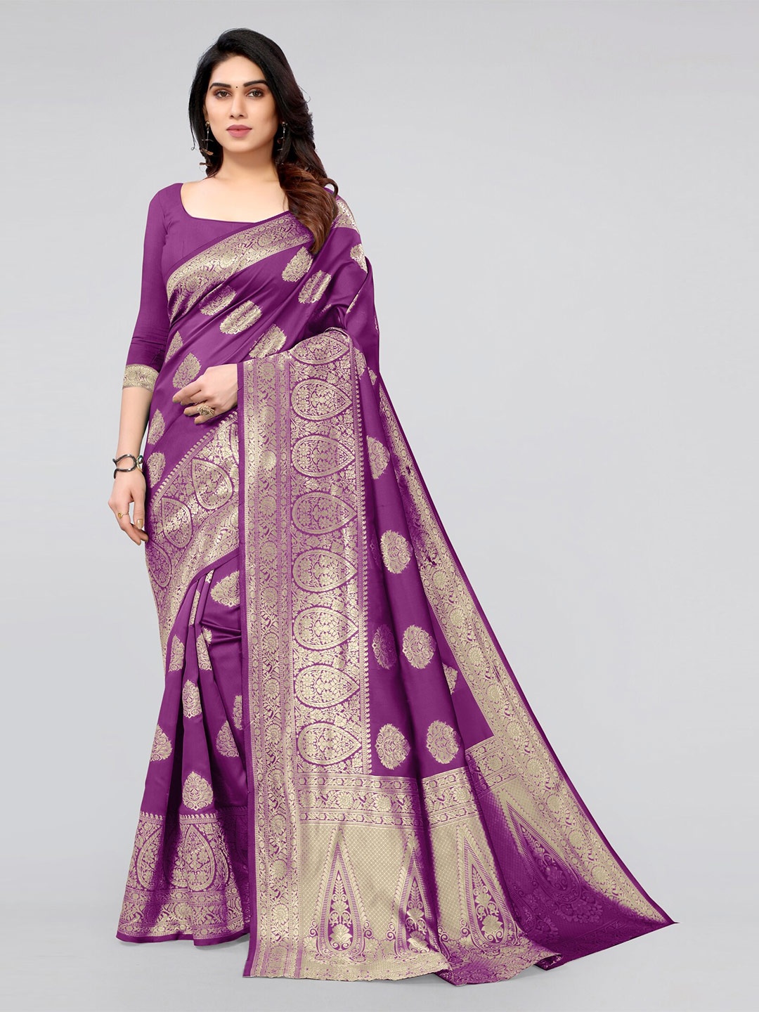 

KALINI Purple & Gold-Toned Woven Design Zari Silk Blend Banarasi Saree