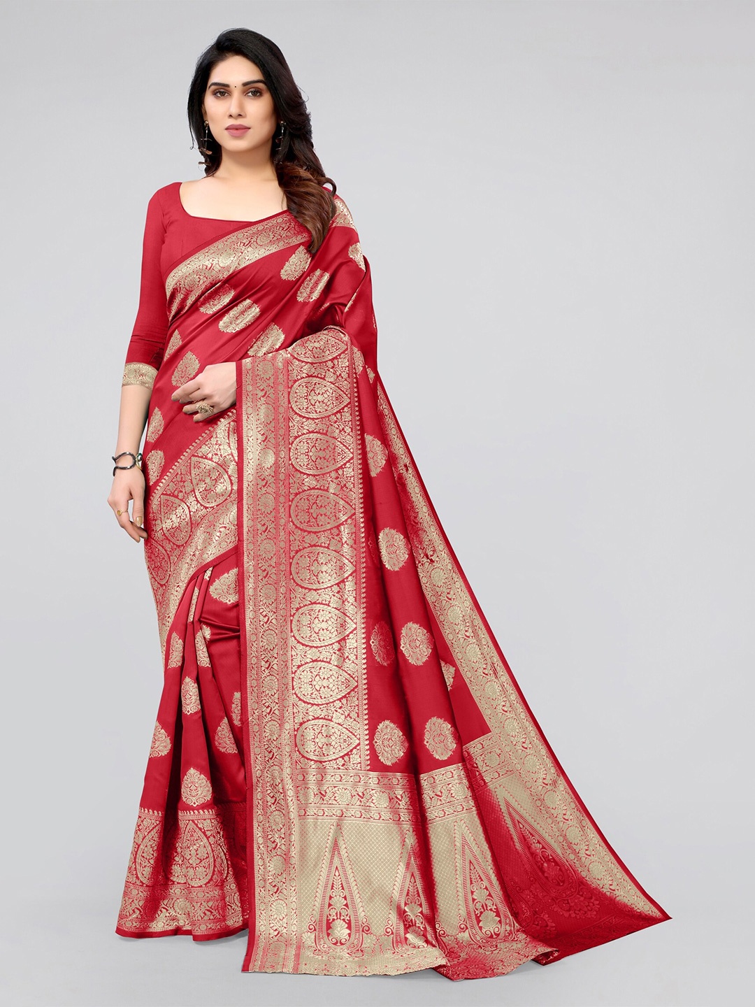 

KALINI WOmen Red & Gold-Toned Woven Design Zari Silk Blend Banarasi Saree