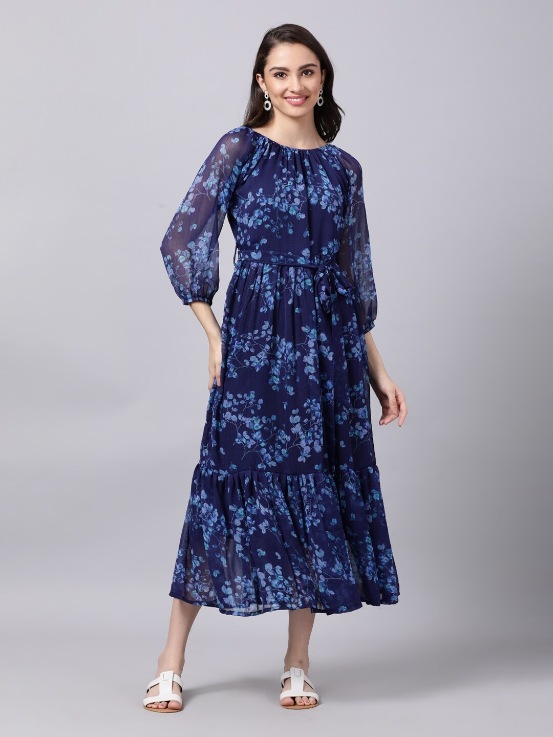 

Souchii Navy Blue Floral Layered Chiffon A-Line Midi Dress