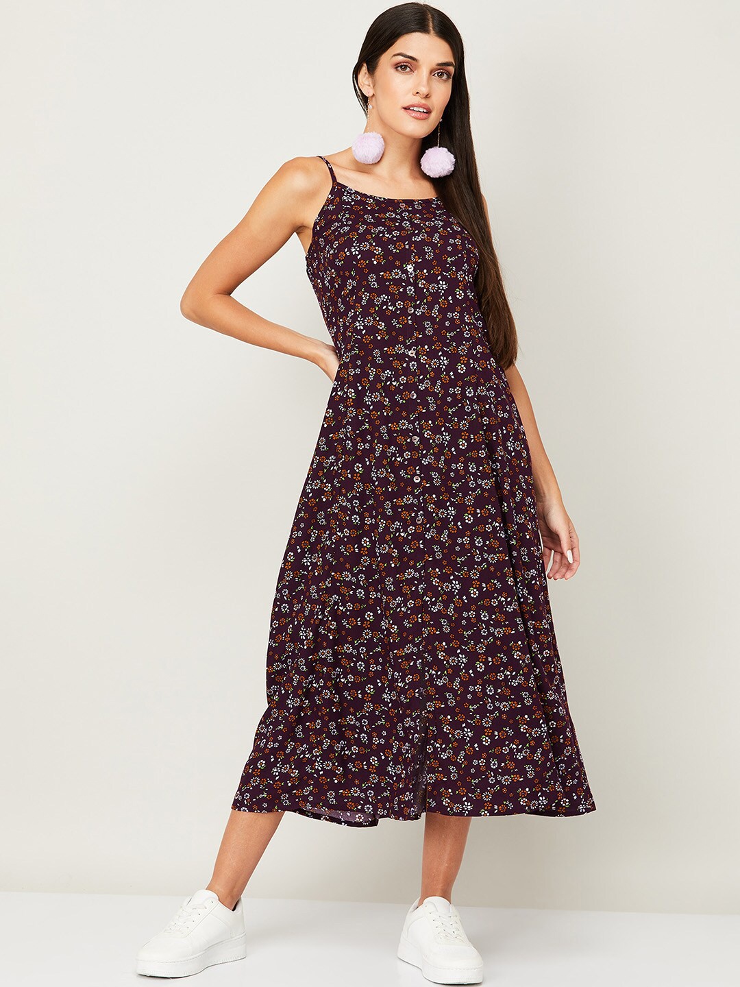 

Ginger by Lifestyle Women Maroon Floral Midi Dress with Front Slit