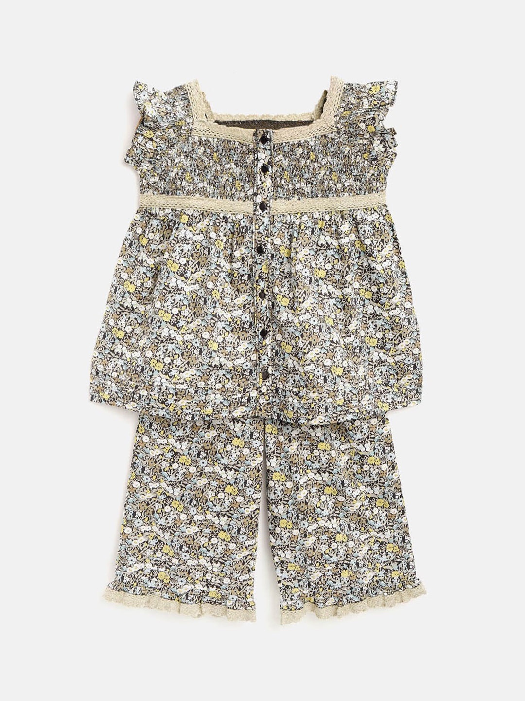 

Cherry Crumble Girls Black & Yellow Printed Night suit