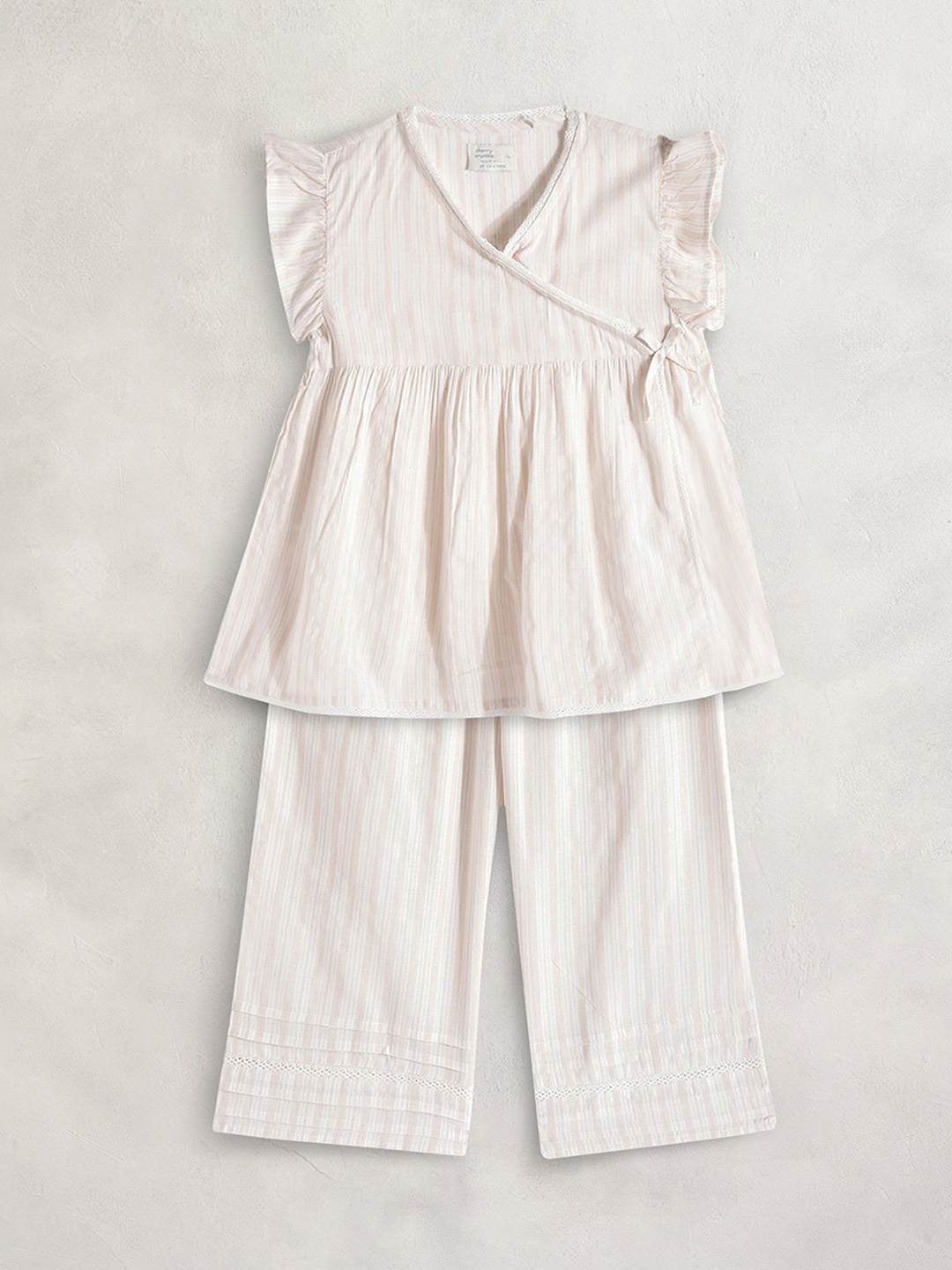 

Cherry Crumble Girls Cream-Coloured & White Striped Night suit