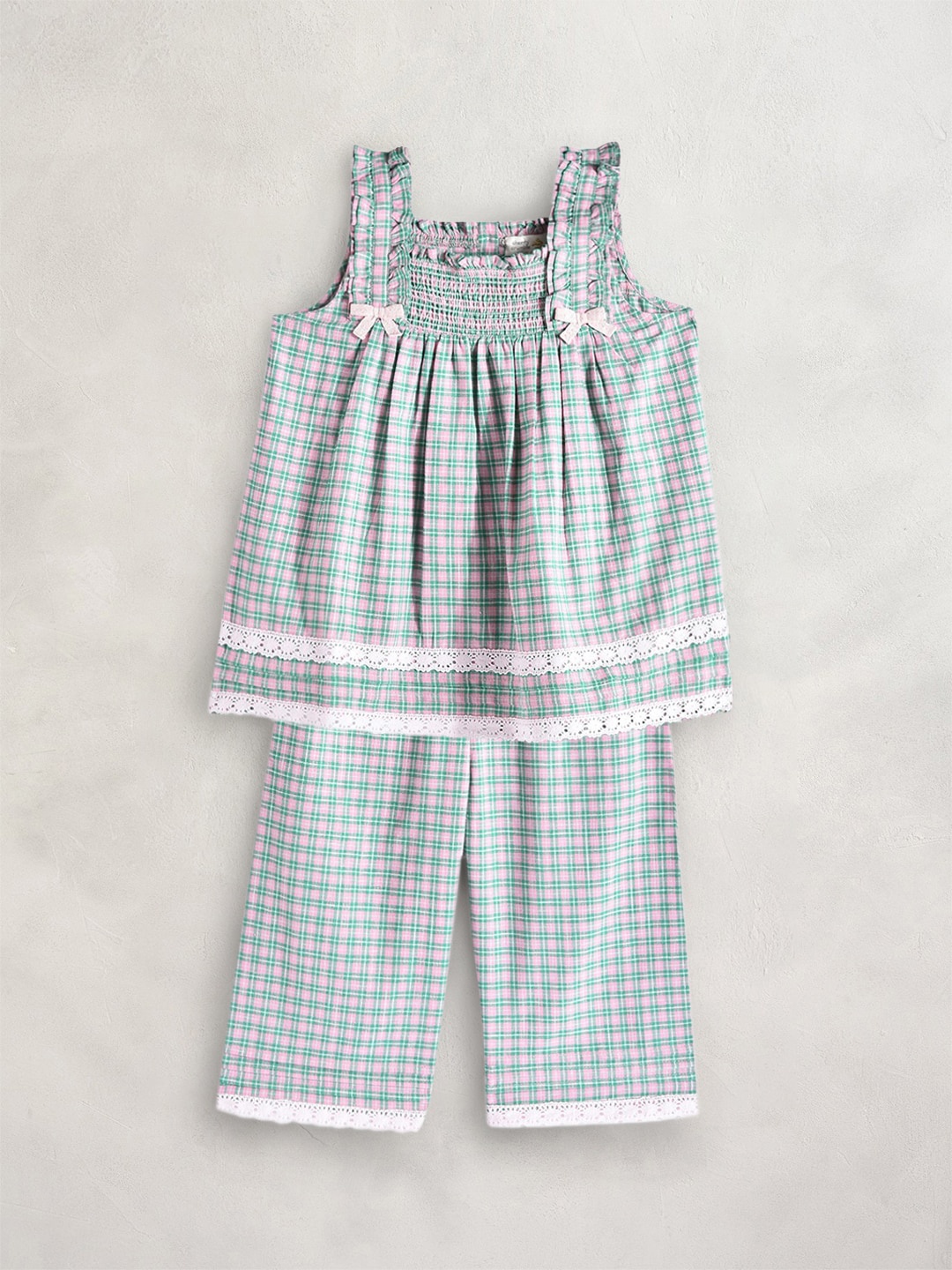 

Cherry Crumble Girls Pink & White Checked Night suit