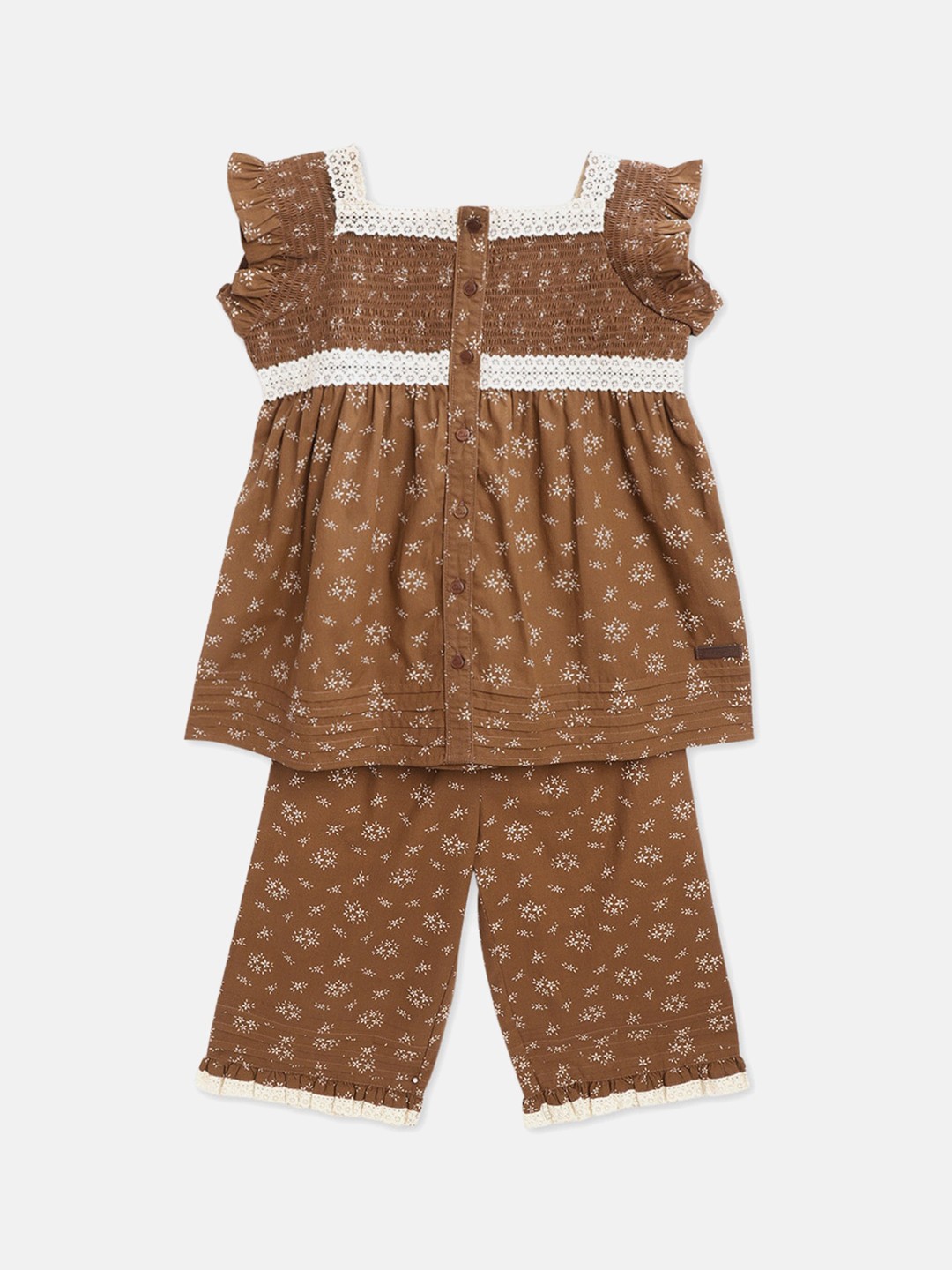 

Cherry Crumble Girls Brown & White Printed Night suit