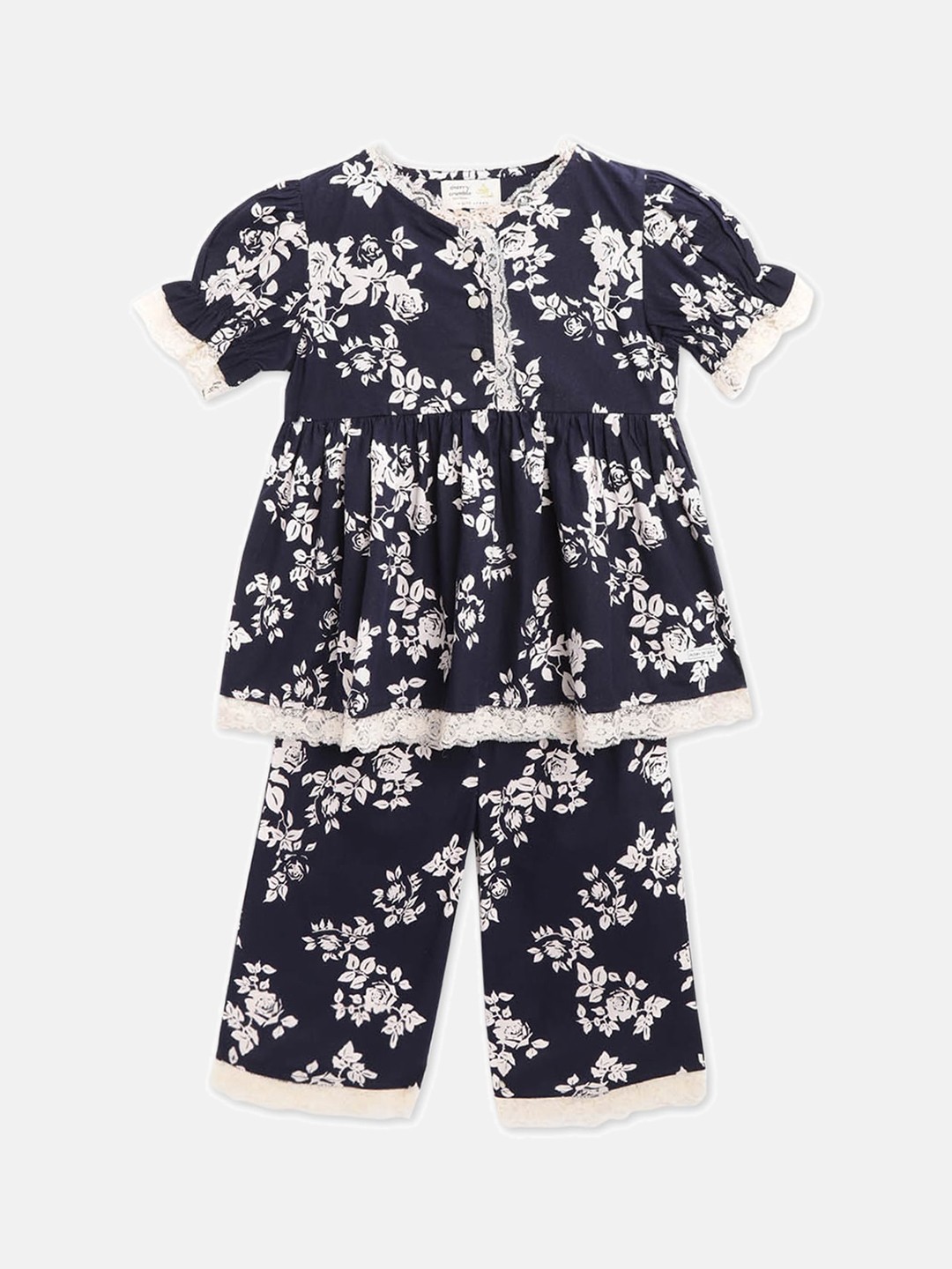 

Cherry Crumble Girls Navy Blue & White Printed Night suit