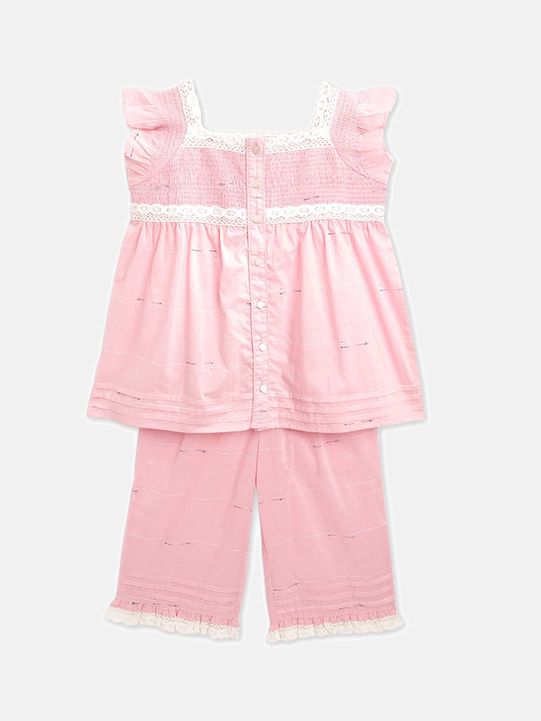 

Cherry Crumble Girls Pink & White Printed Night suit