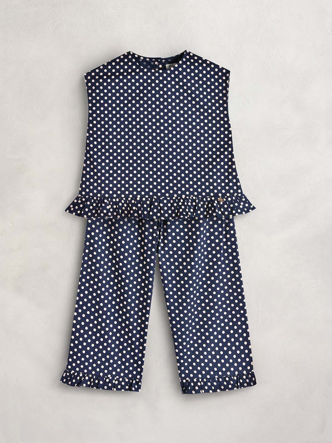 

Cherry Crumble Girls Navy Blue & White Printed Top with Pyjamas