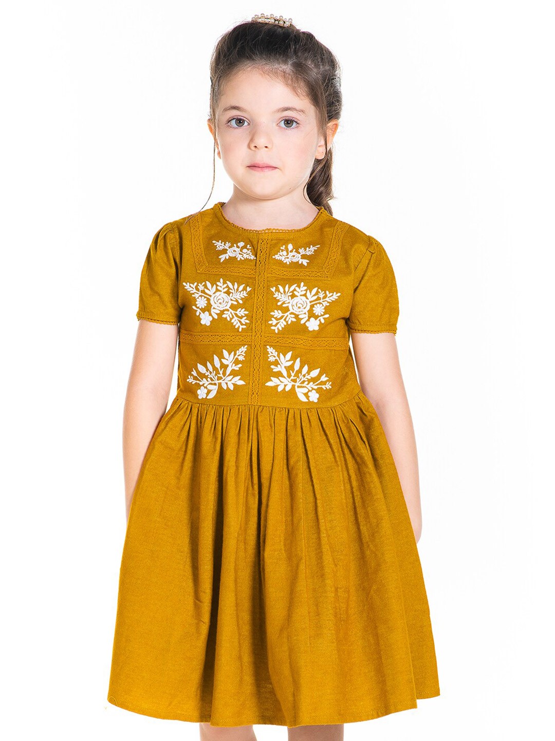 

Cherry Crumble Mustard Yellow Floral Fit And Flare Dress