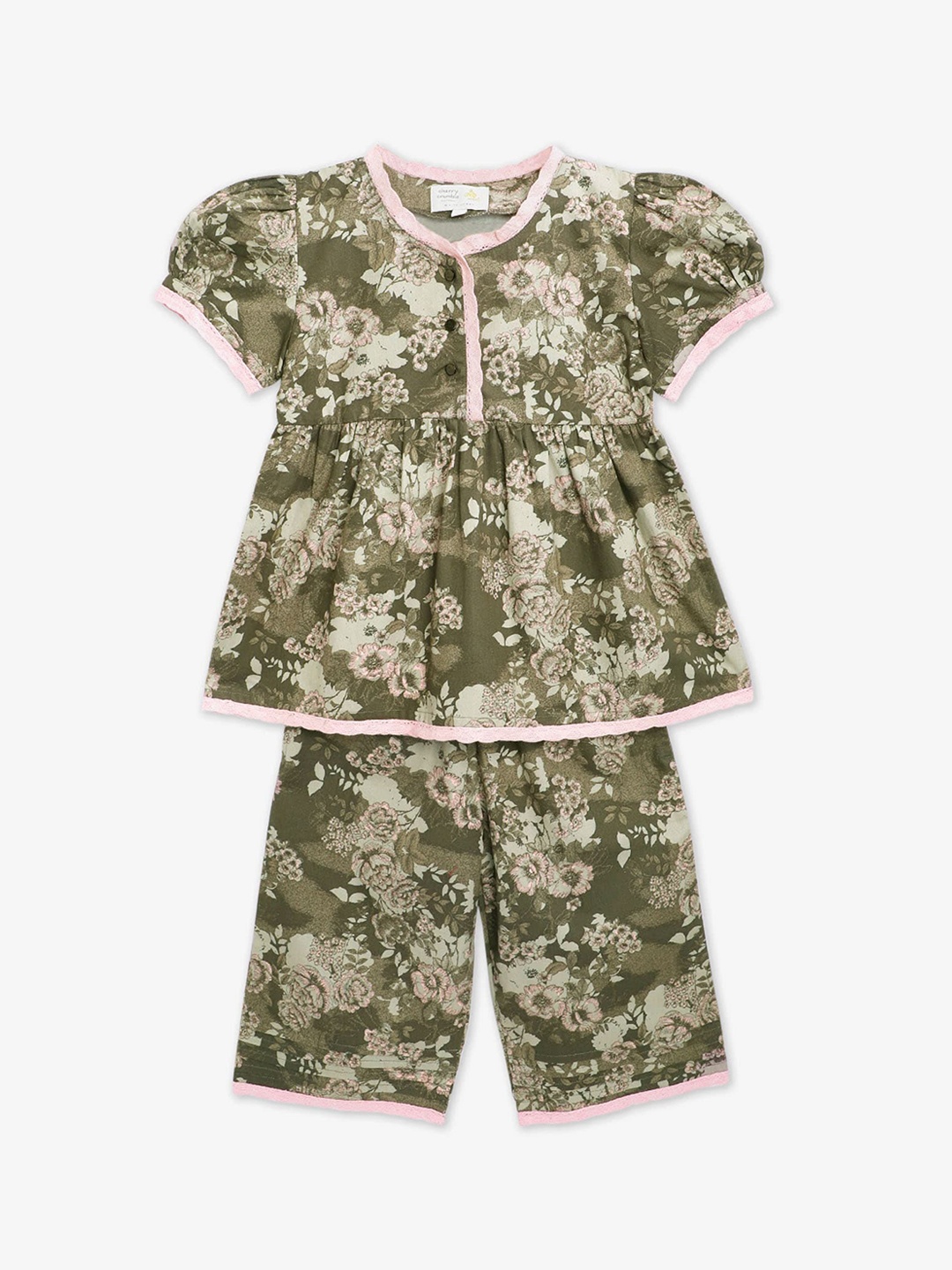 

Cherry Crumble Girls Olive Green & White Printed Night suit