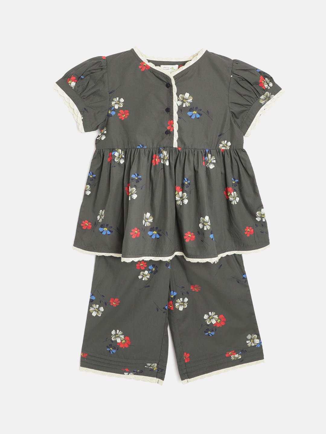 

Cherry Crumble Girls Olive Green & Red Printed Night suit