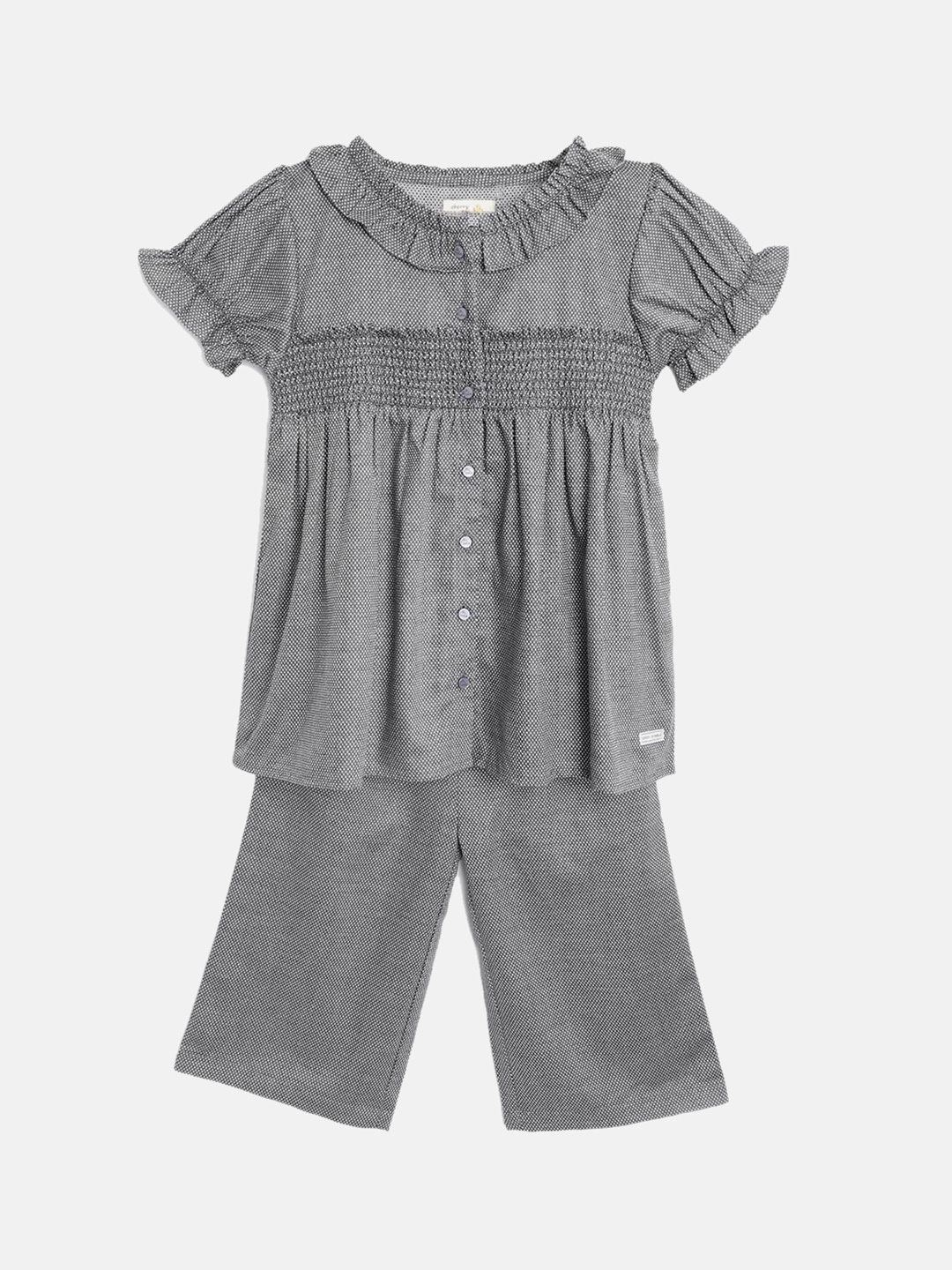 

Cherry Crumble Girls Grey & White Printed Night suit