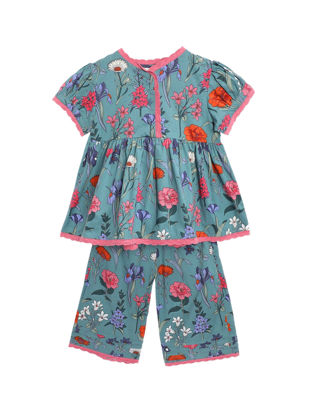 

Cherry Crumble Girls Teal & Red Printed Night suit
